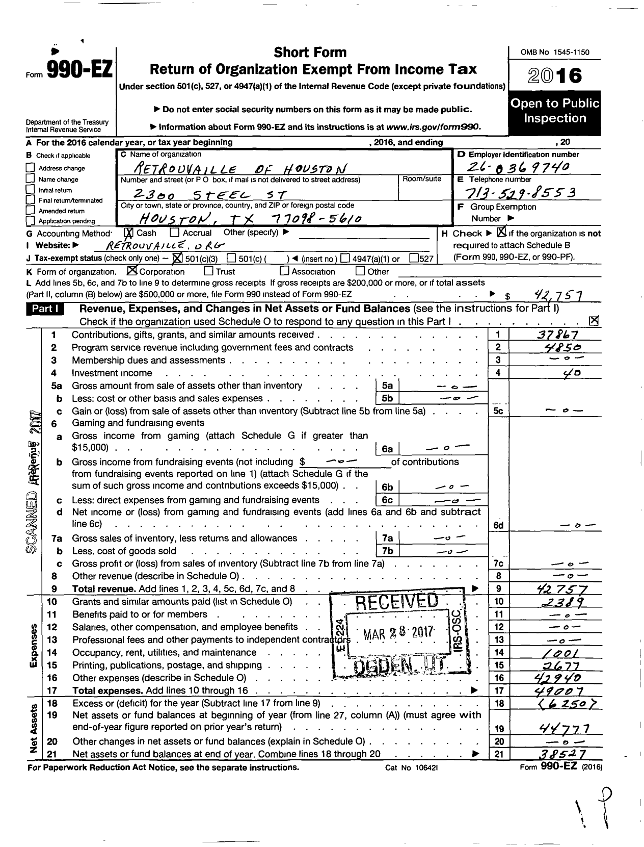 Image of first page of 2016 Form 990EZ for Retrouvaille of Houston