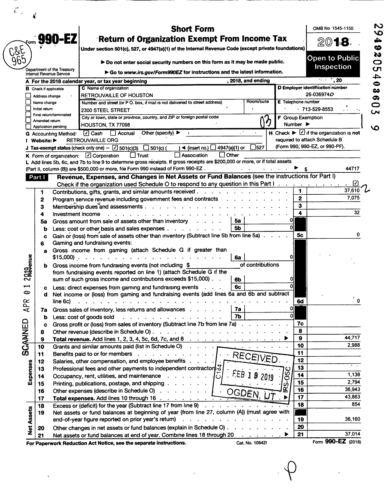 Image of first page of 2018 Form 990EZ for Retrouvaille of Houston