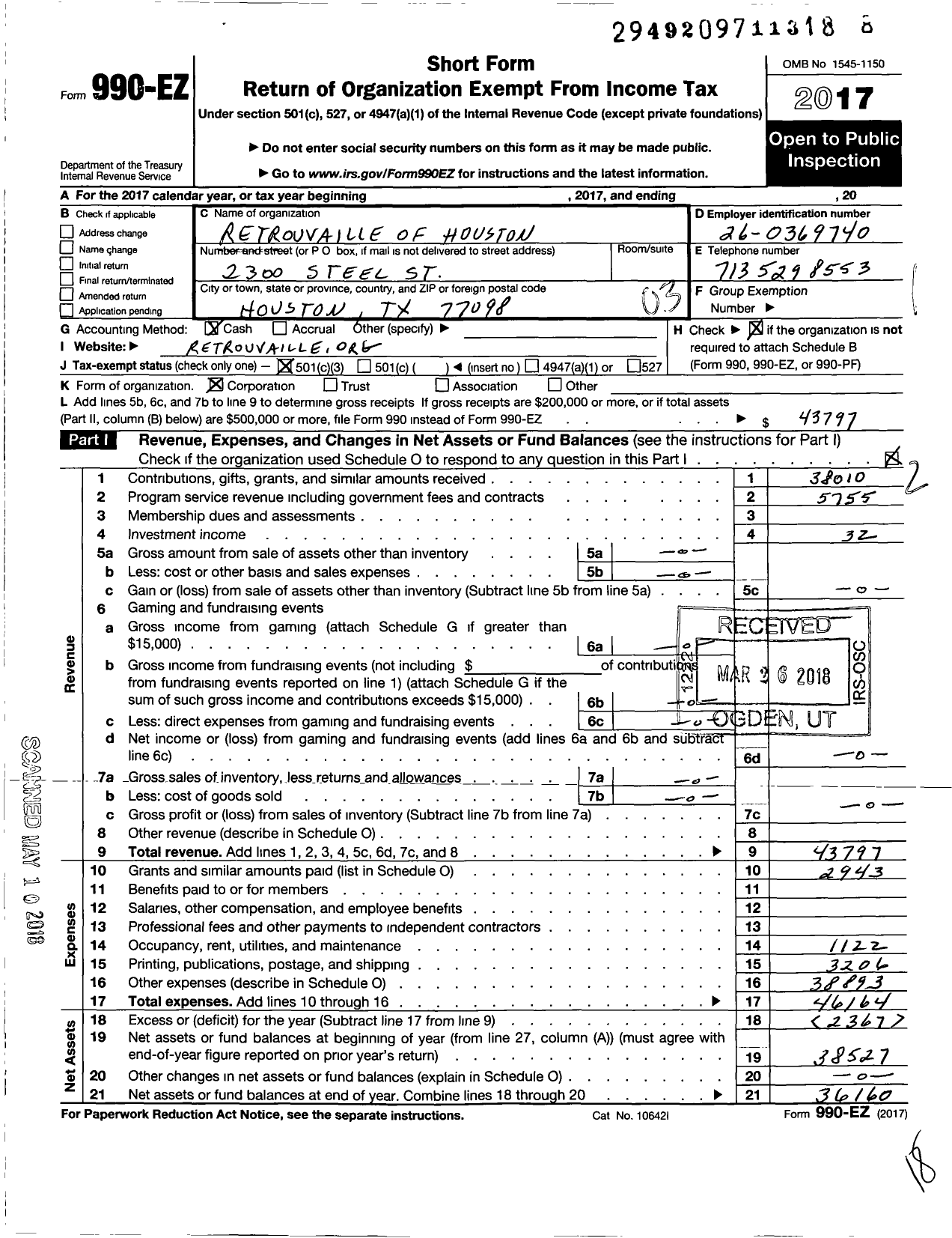 Image of first page of 2017 Form 990EZ for Retrouvaille of Houston