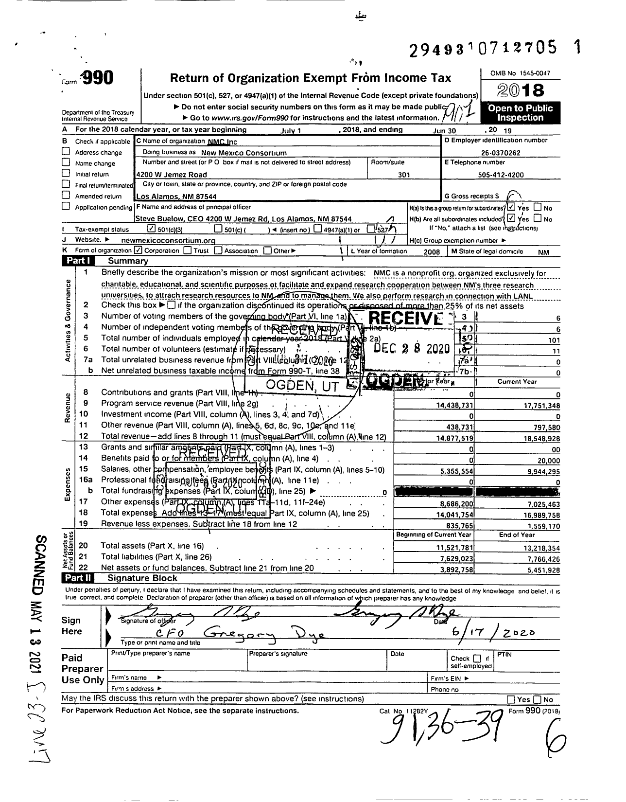 Image of first page of 2018 Form 990 for New Mexico Consortium