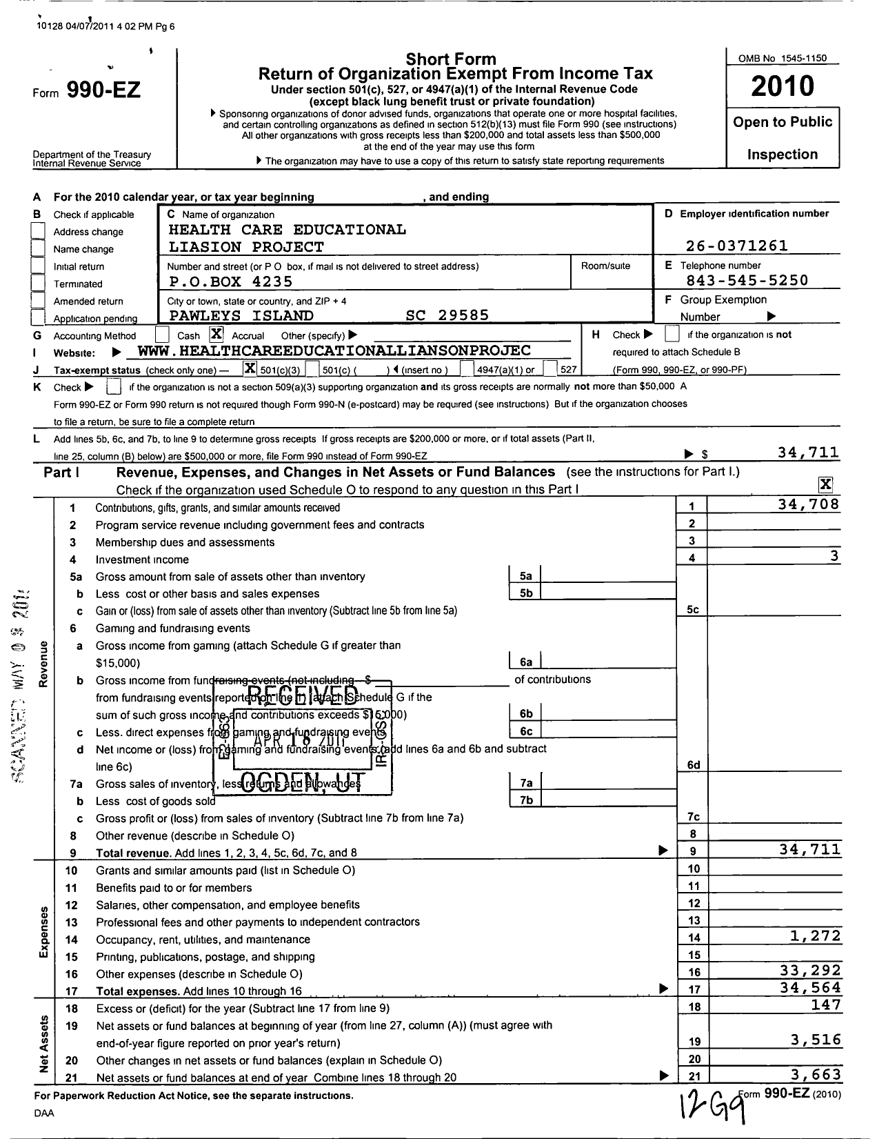 Image of first page of 2010 Form 990EZ for Healthcare Educational Liaison Project