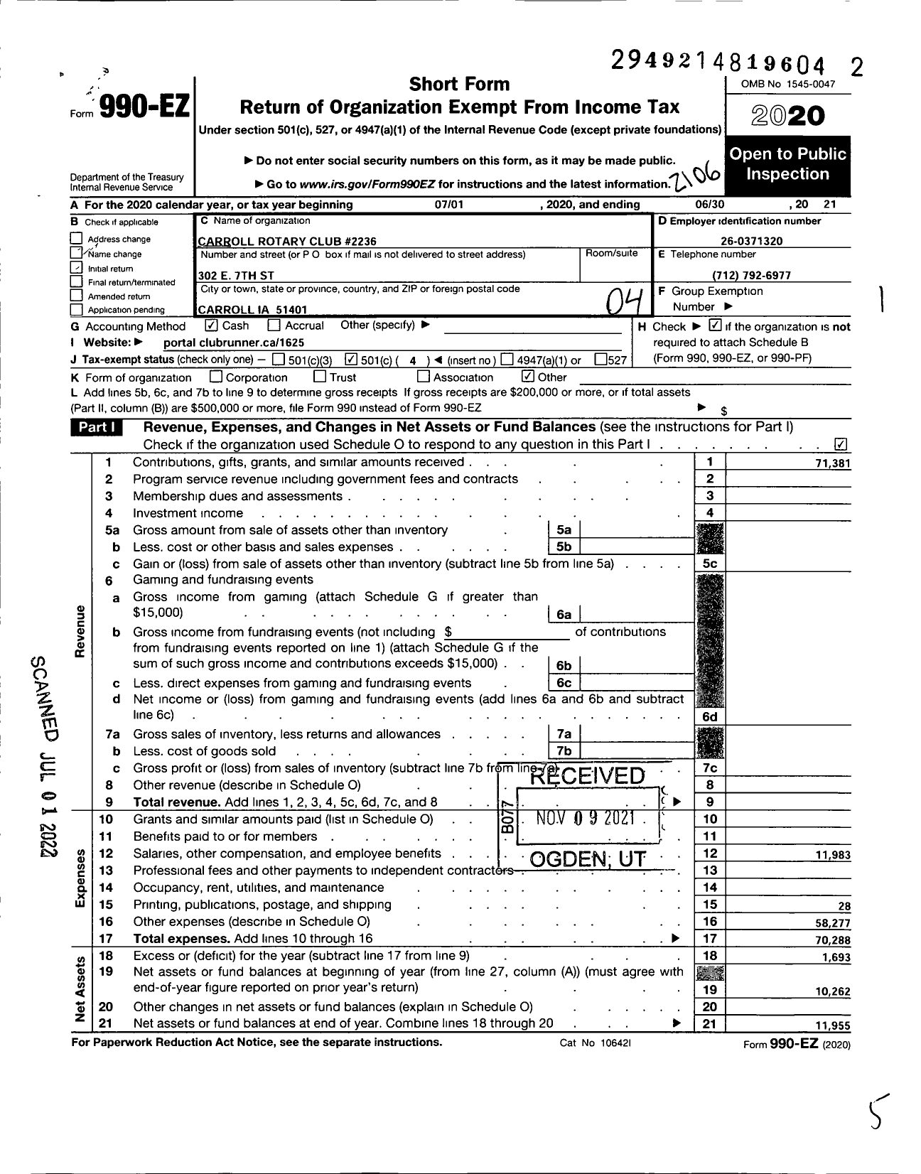 Image of first page of 2020 Form 990EO for Carroll Rotary Club #2236