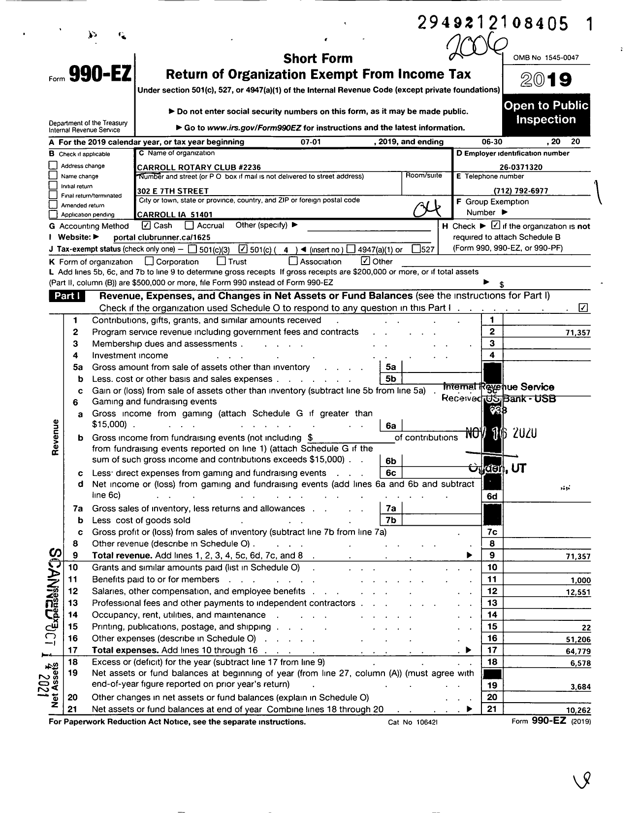 Image of first page of 2019 Form 990EO for Carroll Rotary Club #2236