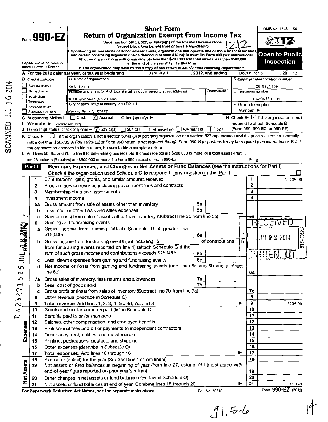 Image of first page of 2012 Form 990EZ for Kidz Team