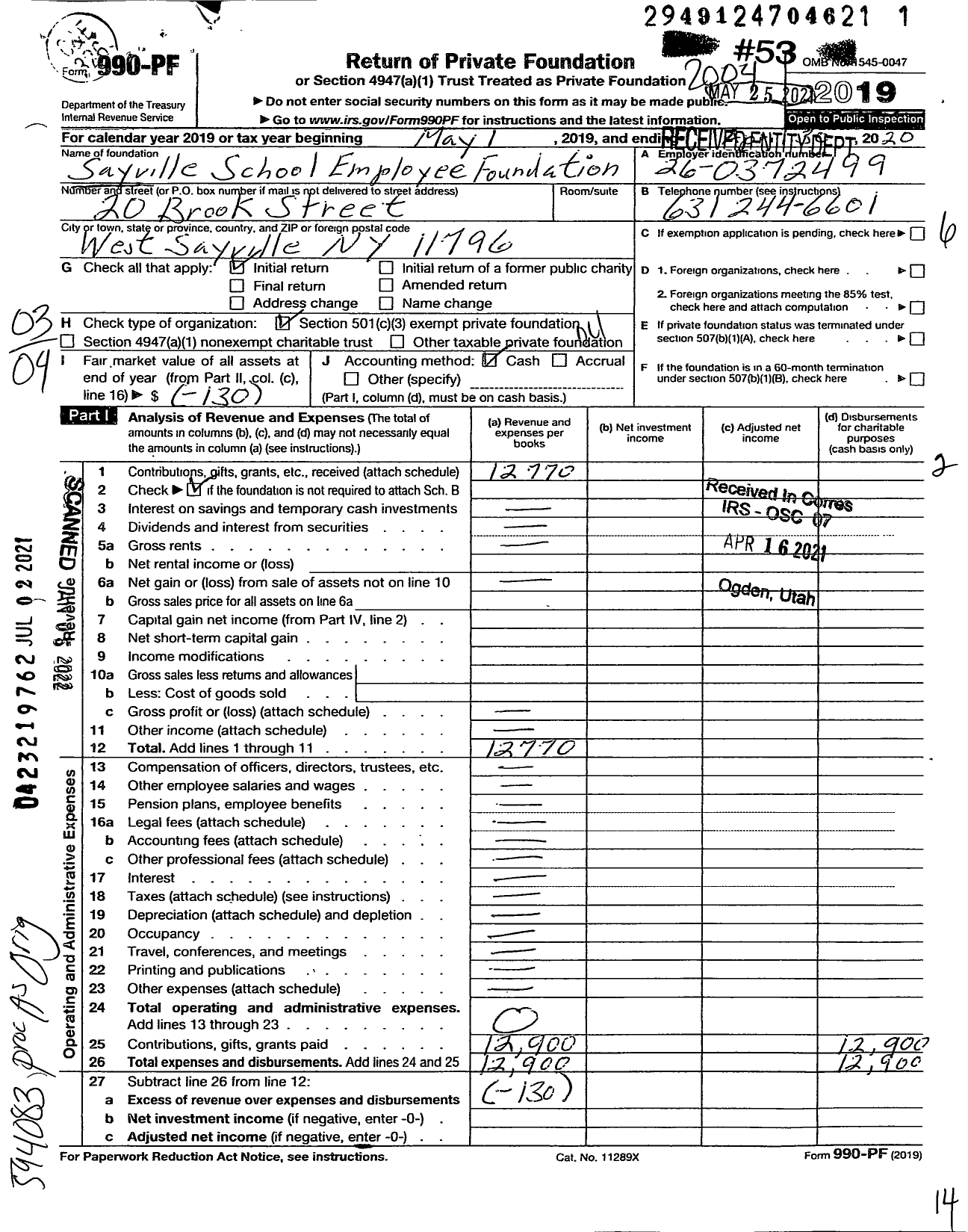 Image of first page of 2019 Form 990PF for Sayville School Employee Charitable Foundation