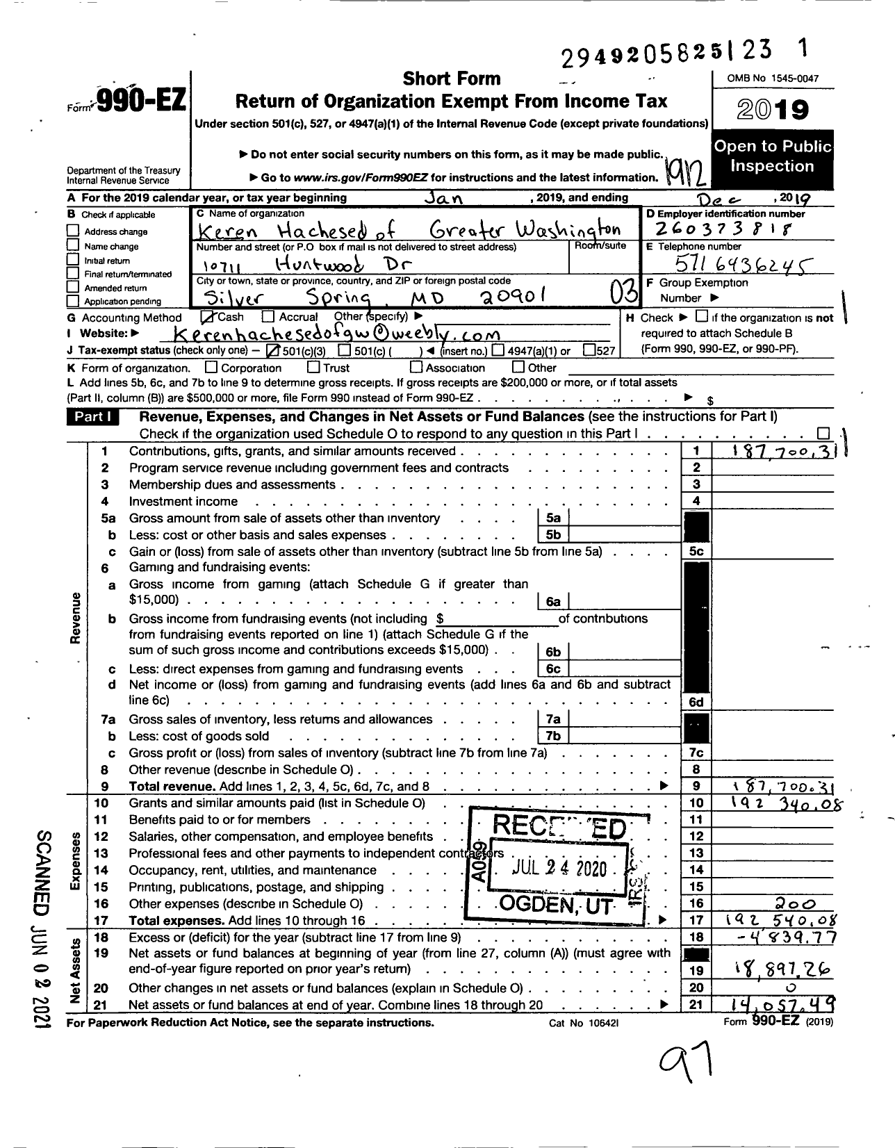 Image of first page of 2019 Form 990EZ for Keren Hachesed of Greater Washington