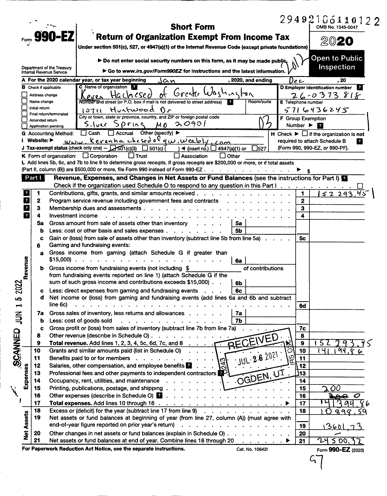 Image of first page of 2020 Form 990EZ for Keren Hachesed of Greater Washington