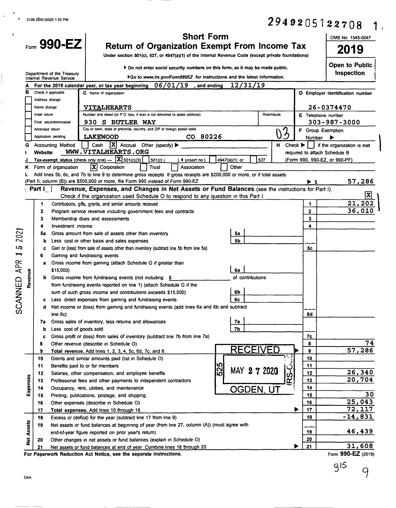 Image of first page of 2019 Form 990EZ for VitalHearts