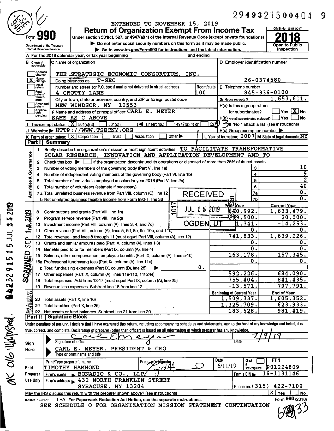 Image of first page of 2018 Form 990 for The Strategic Economic Consortium (T-SEC)