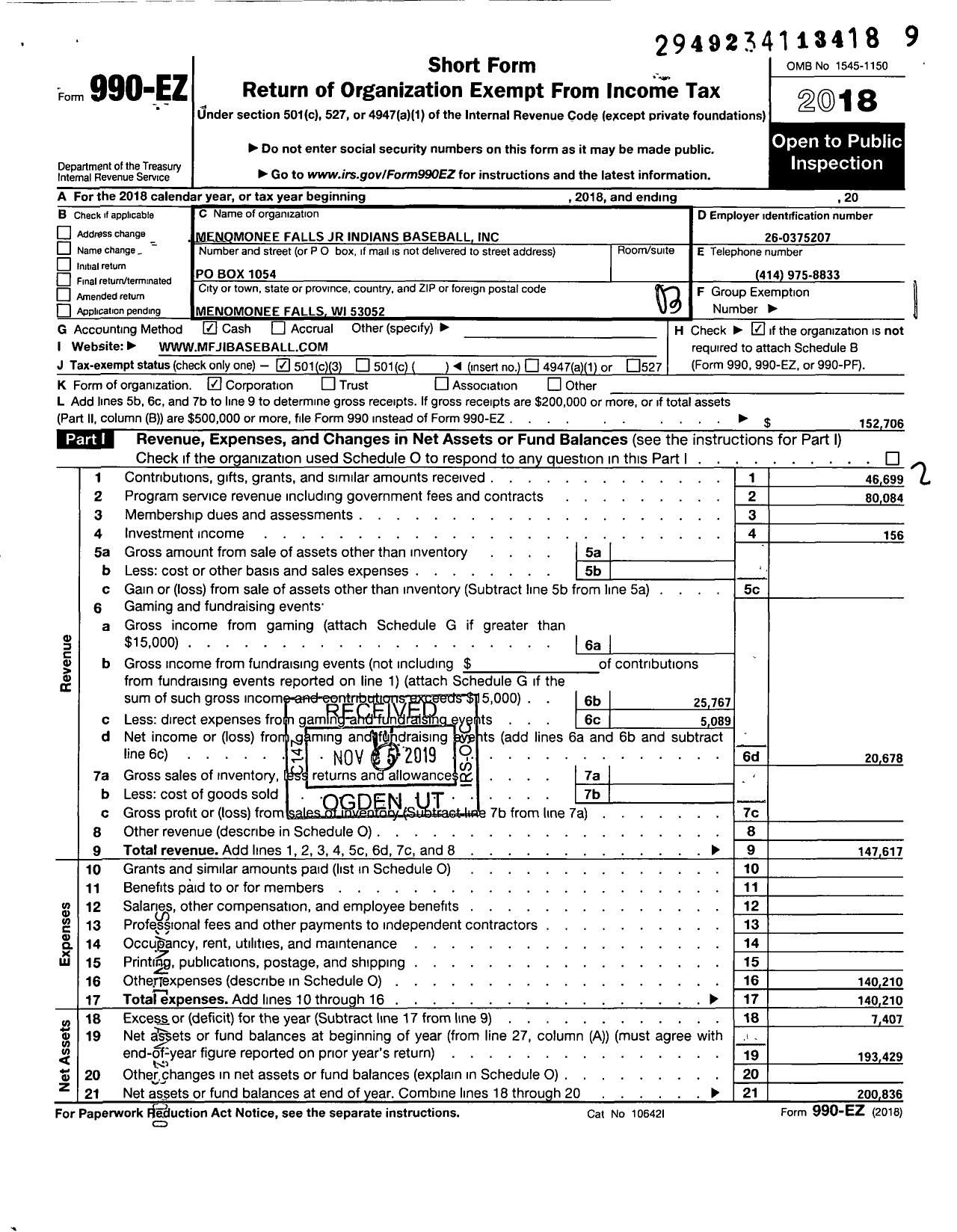 Image of first page of 2018 Form 990EZ for Menomonee Falls JR Phoenix Baseball