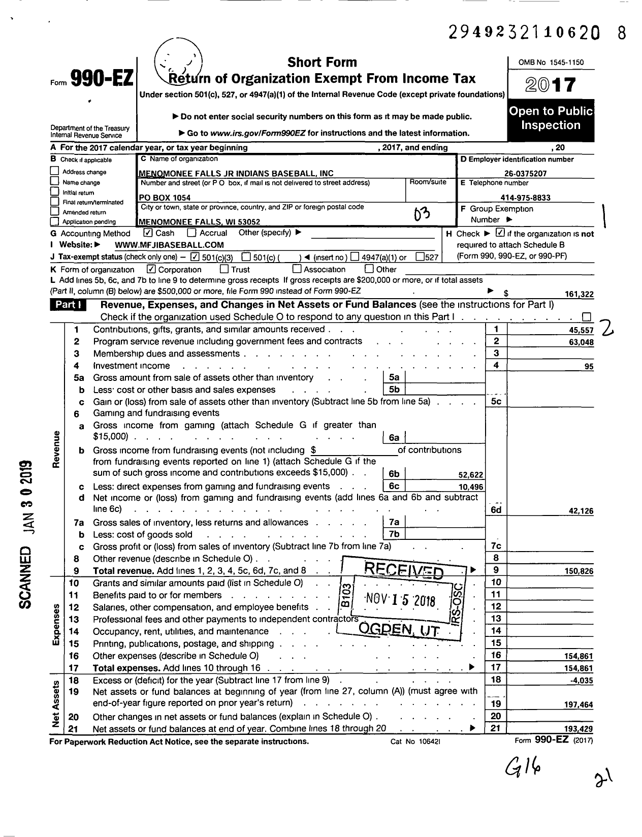 Image of first page of 2017 Form 990EZ for Menomonee Falls JR Phoenix Baseball