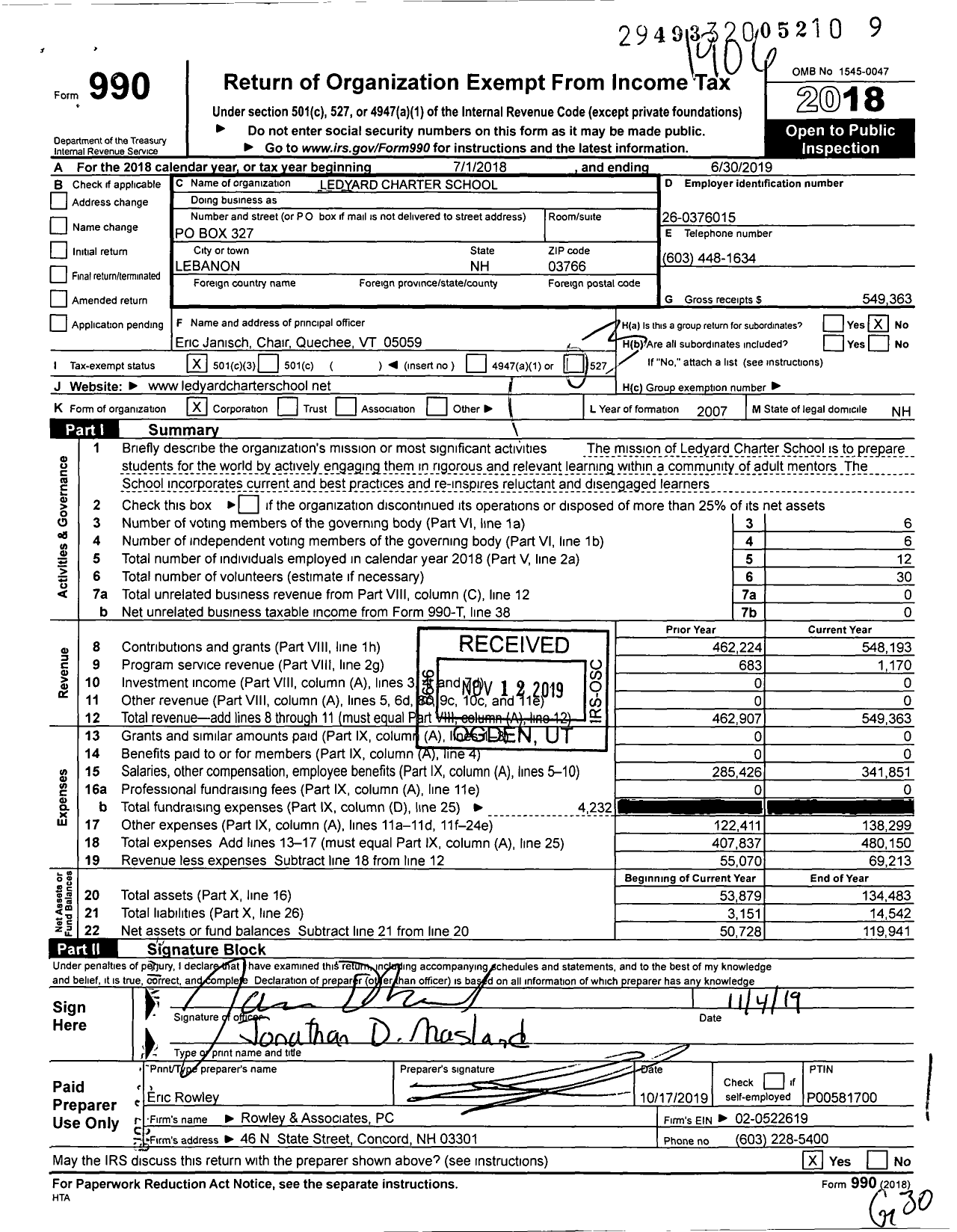 Image of first page of 2018 Form 990 for Ledyard Charter School