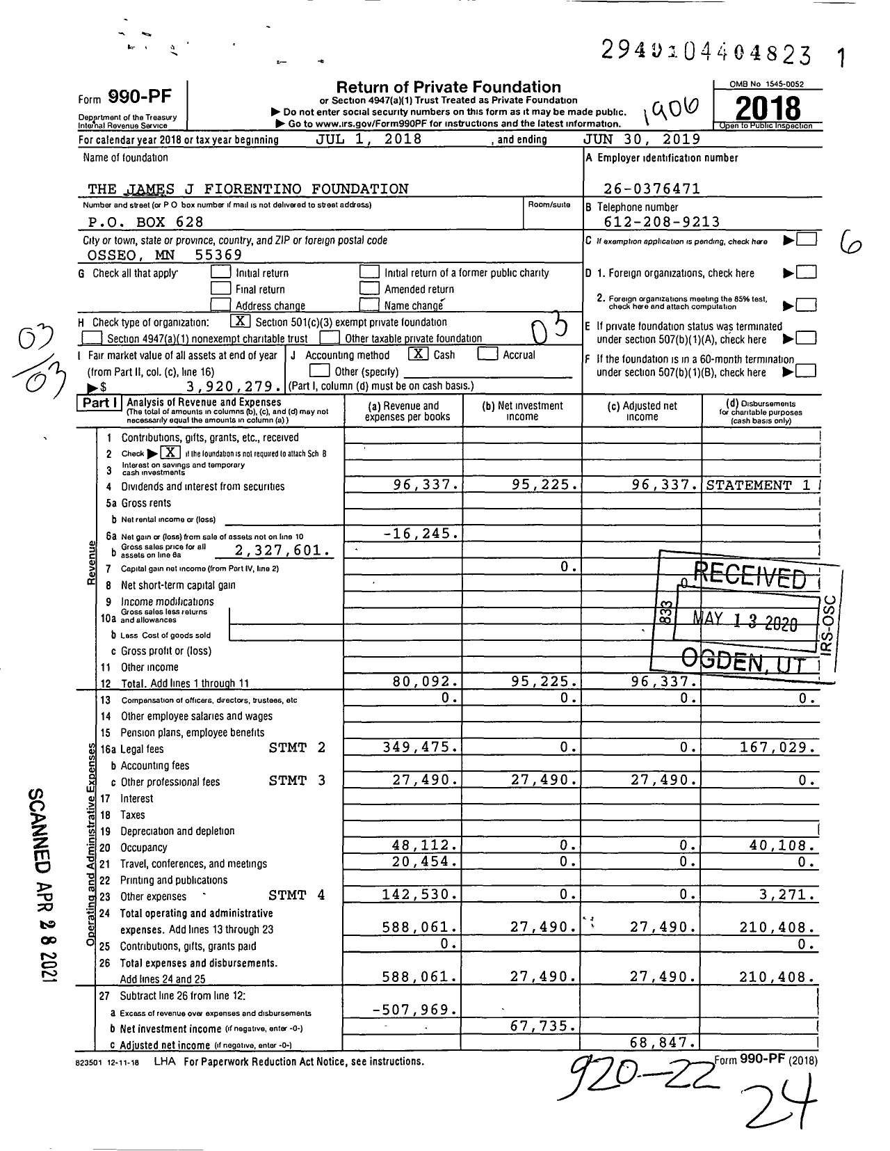 Image of first page of 2018 Form 990PF for The James J Fiorentino Foundation