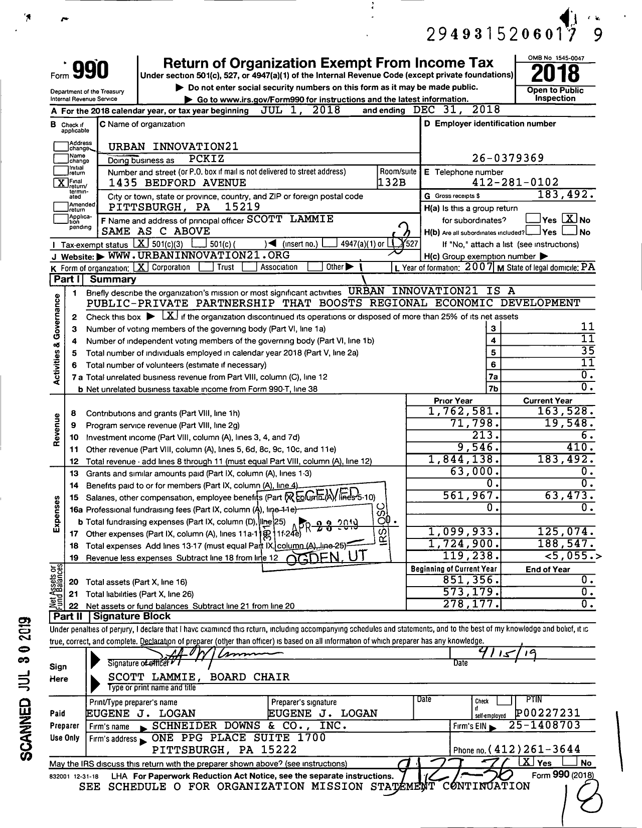 Image of first page of 2018 Form 990 for Urban Innovation21