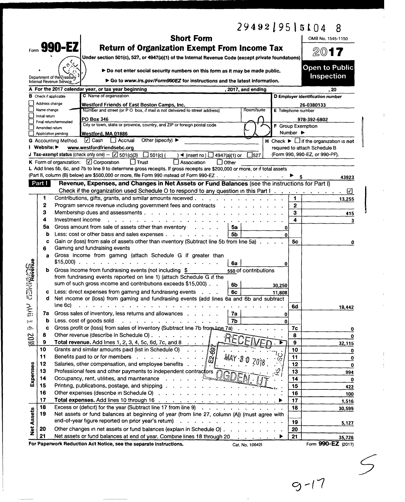 Image of first page of 2017 Form 990EZ for Westford Friends of East Boston Camps