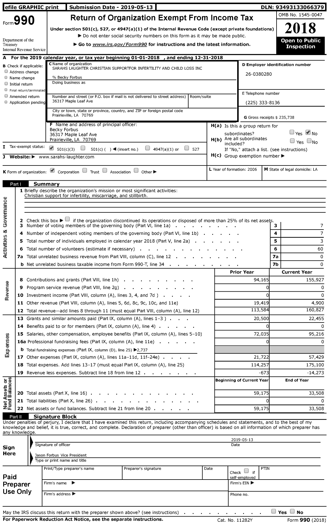 Image of first page of 2018 Form 990 for Sarahs Laughter Christian Supportfor for Infertility and Child Loss