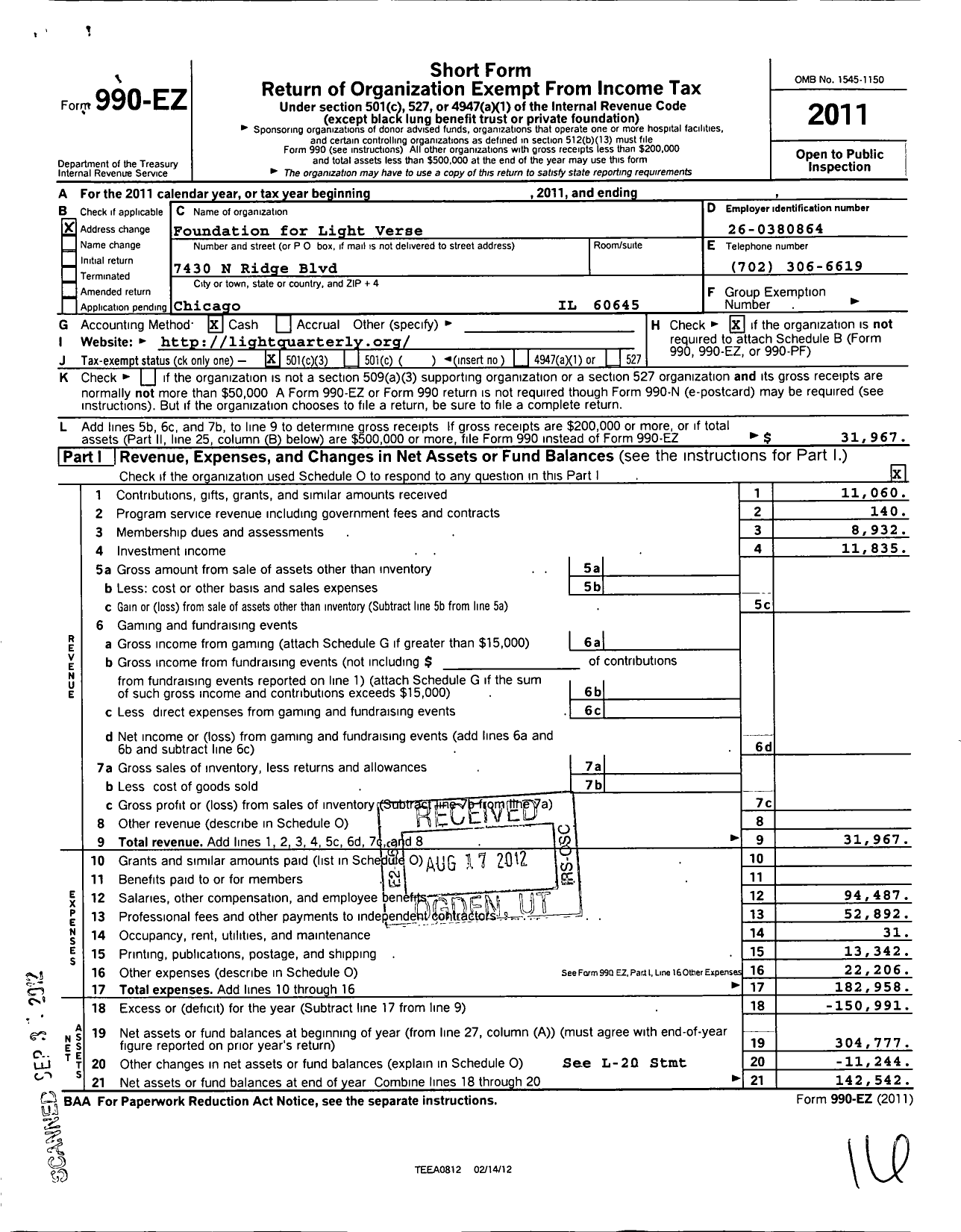 Image of first page of 2011 Form 990EZ for Foundation For Light Verse