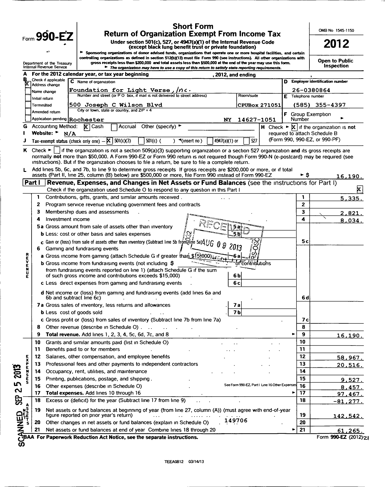 Image of first page of 2012 Form 990EZ for Foundation For Light Verse