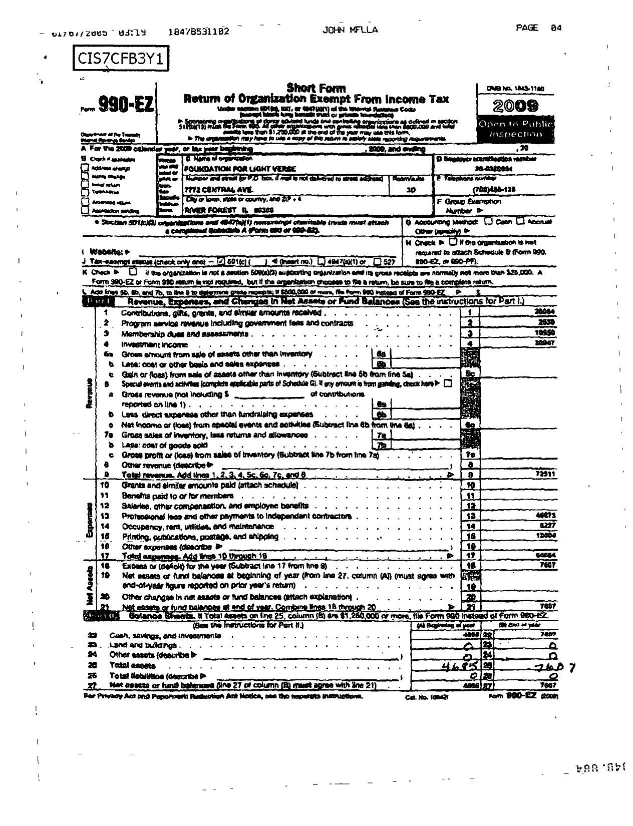 Image of first page of 2009 Form 990ER for Foundation For Light Verse