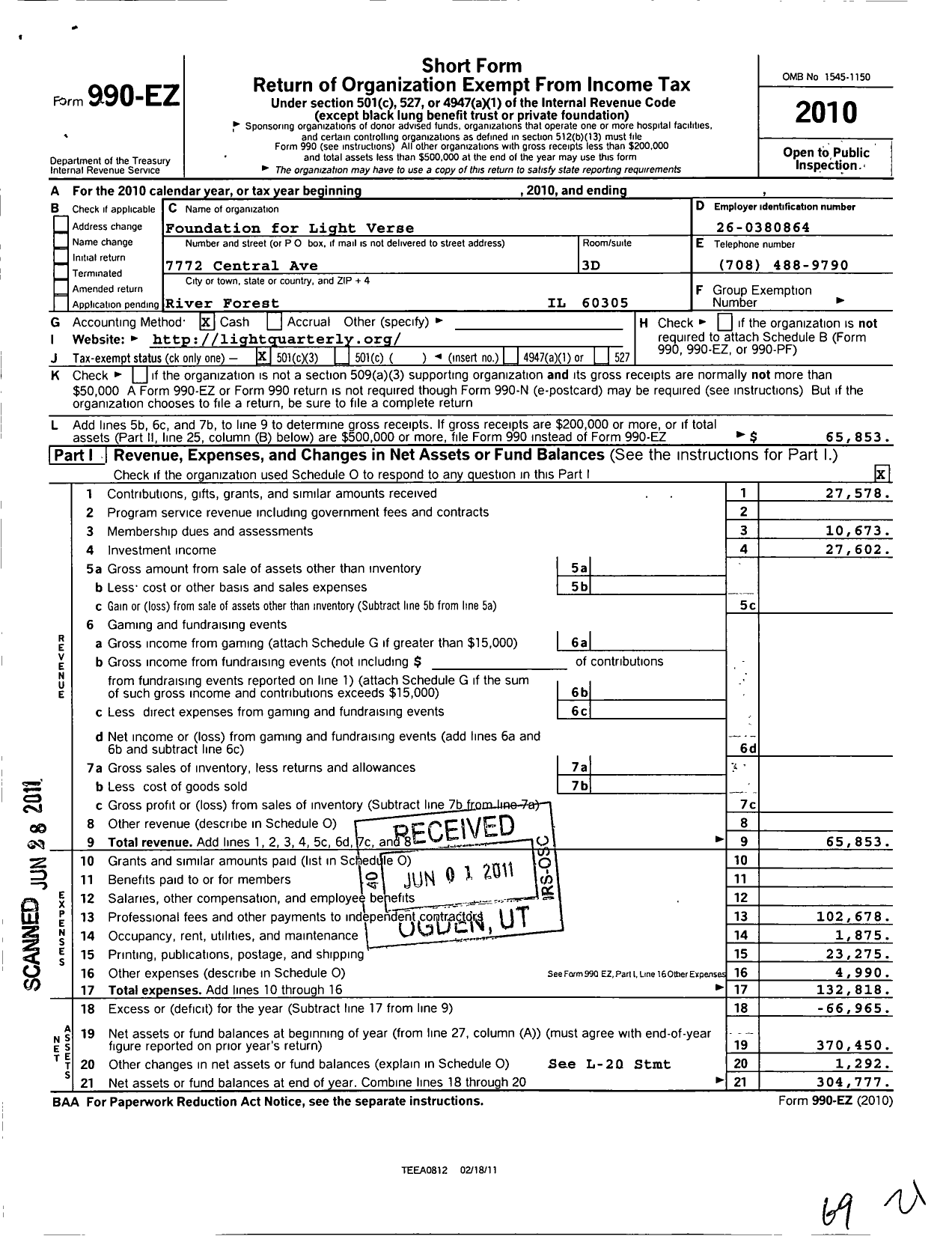 Image of first page of 2010 Form 990EZ for Foundation For Light Verse