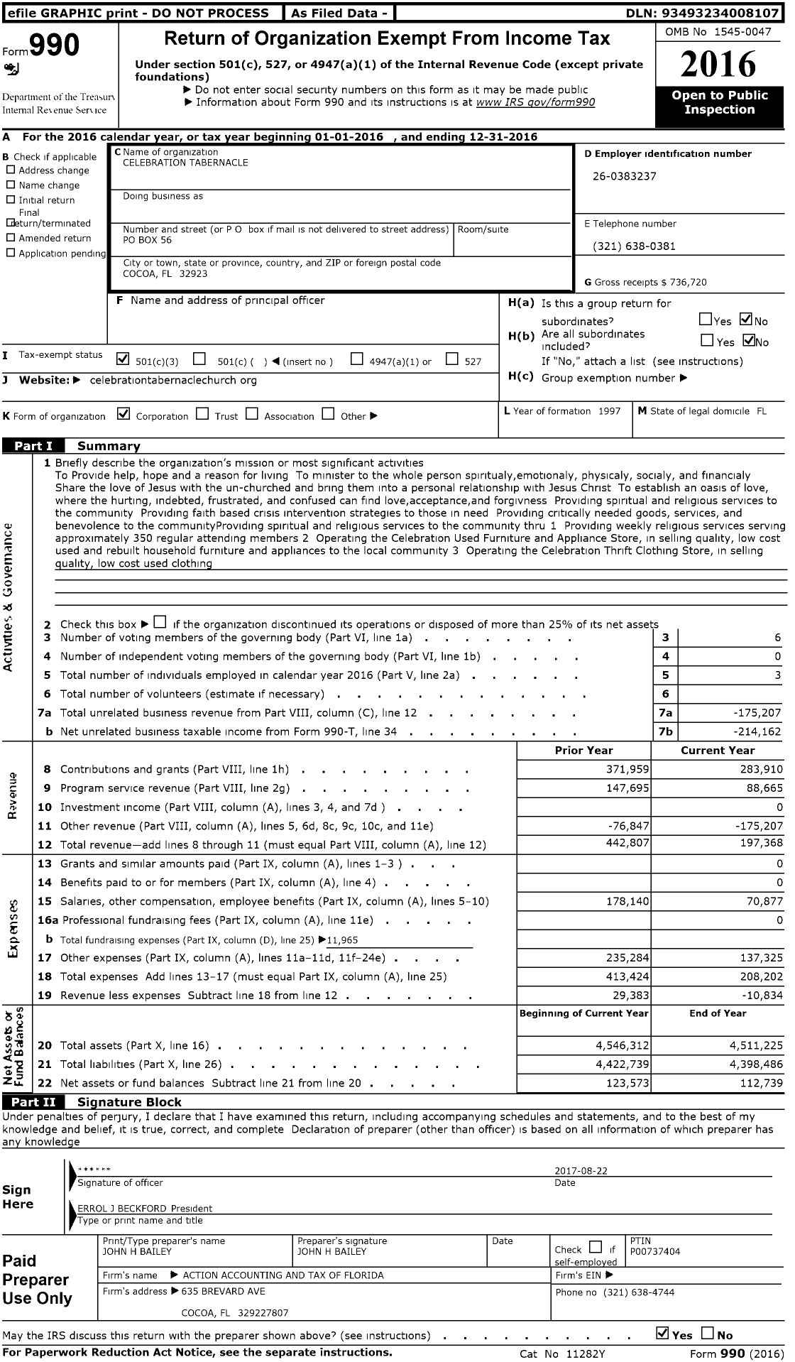 Image of first page of 2016 Form 990 for Celebration Tabernacle