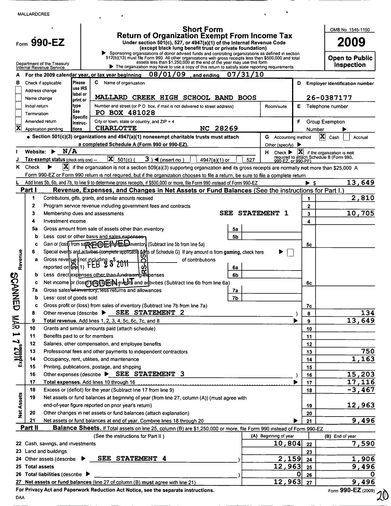 Image of first page of 2009 Form 990EZ for Mallard Creek High School Band Boosters