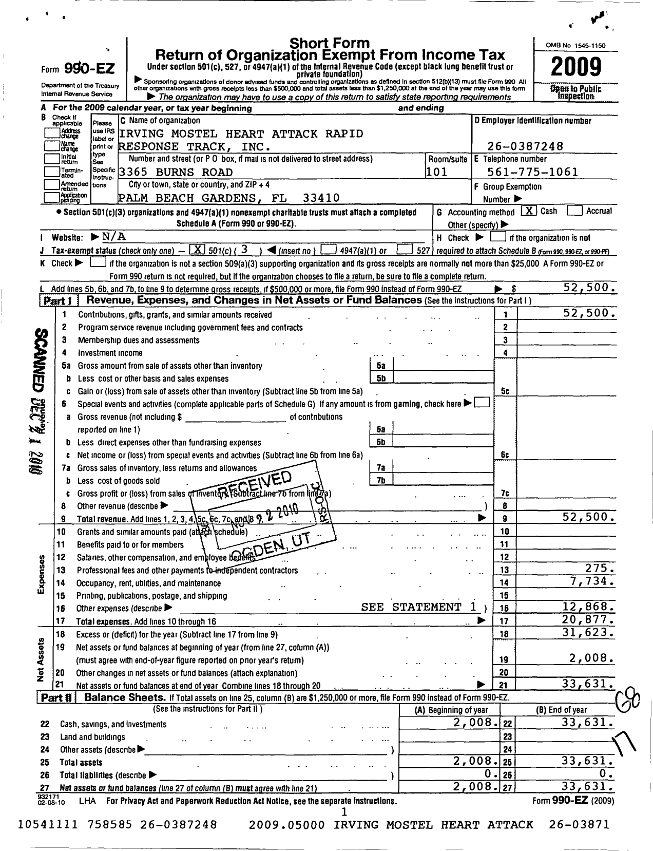 Image of first page of 2009 Form 990EZ for Irving Mostel Heart Attack Rapid Response Track