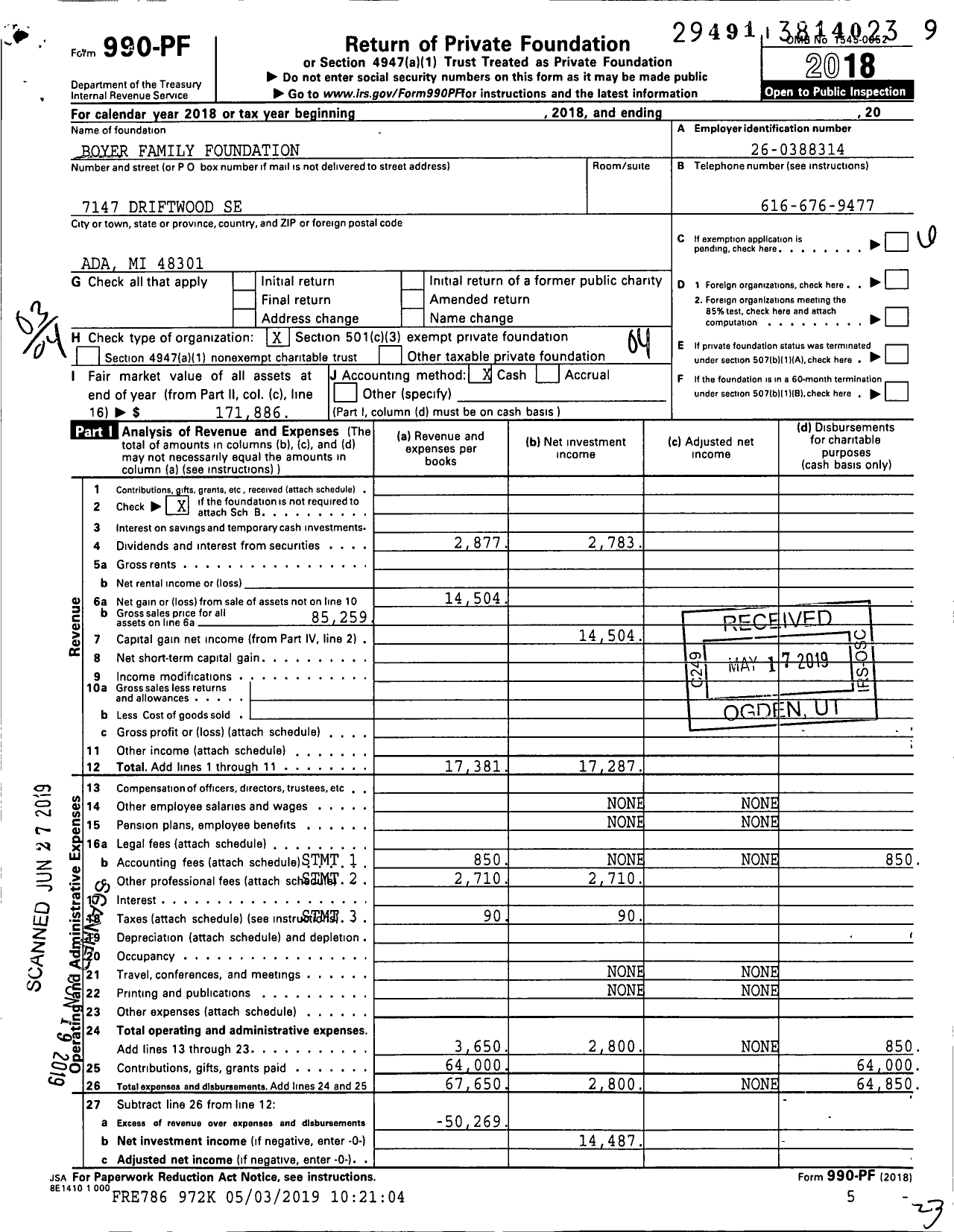 Image of first page of 2018 Form 990PF for Boyer Family Foundation