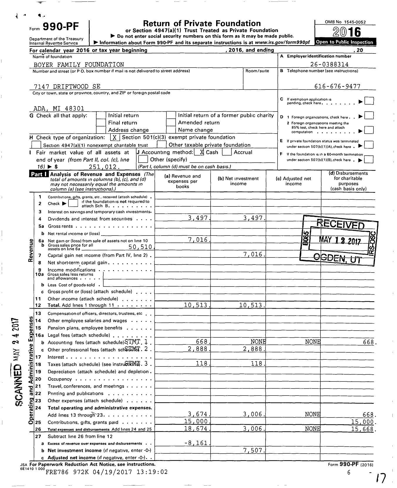 Image of first page of 2016 Form 990PF for Boyer Family Foundation