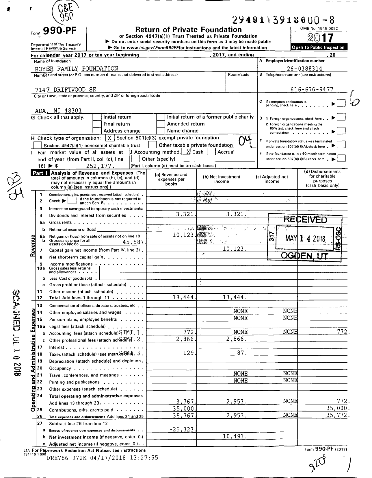 Image of first page of 2017 Form 990PF for Boyer Family Foundation