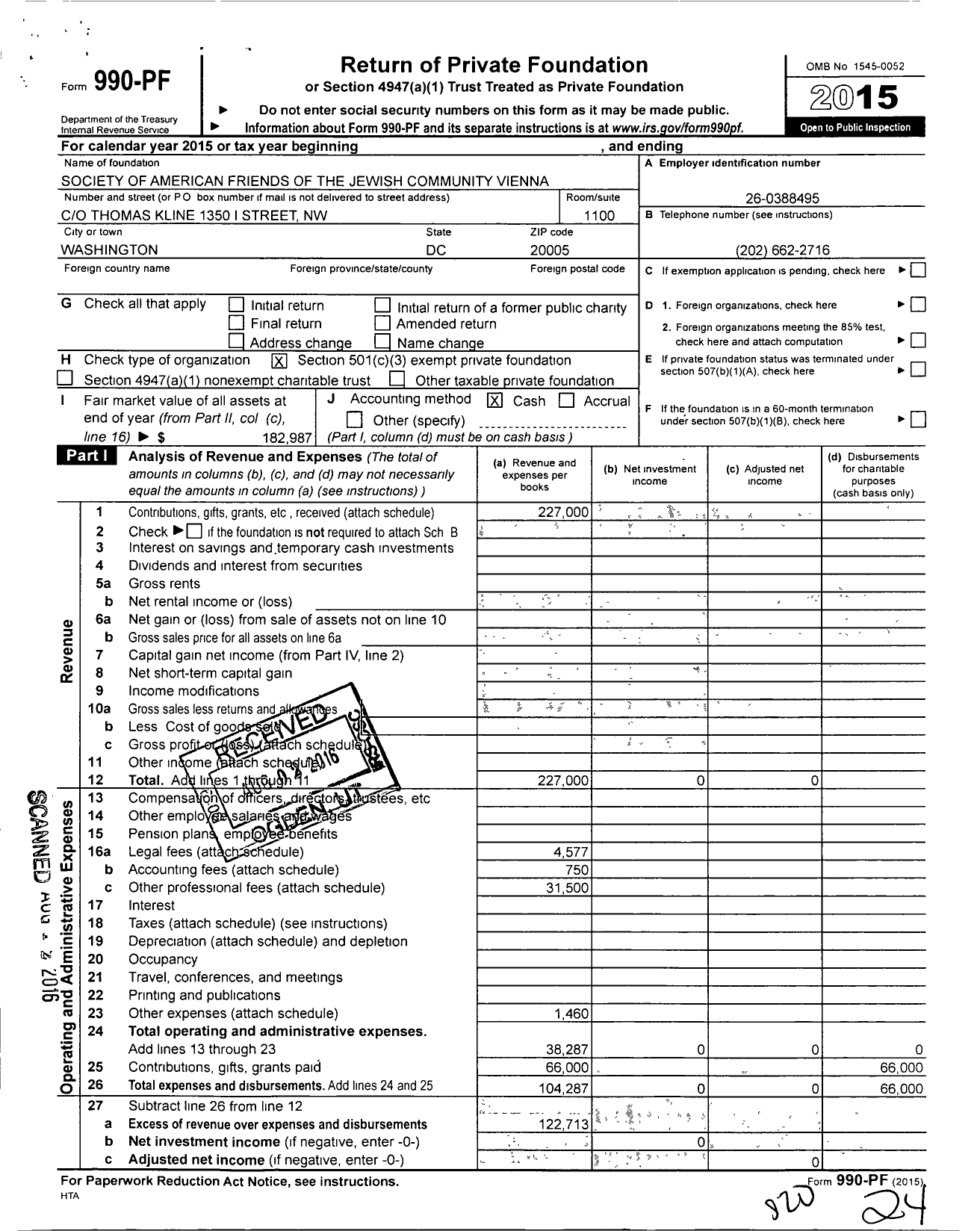 Image of first page of 2015 Form 990PF for Society of American Friends of the Jewish Community Vienna