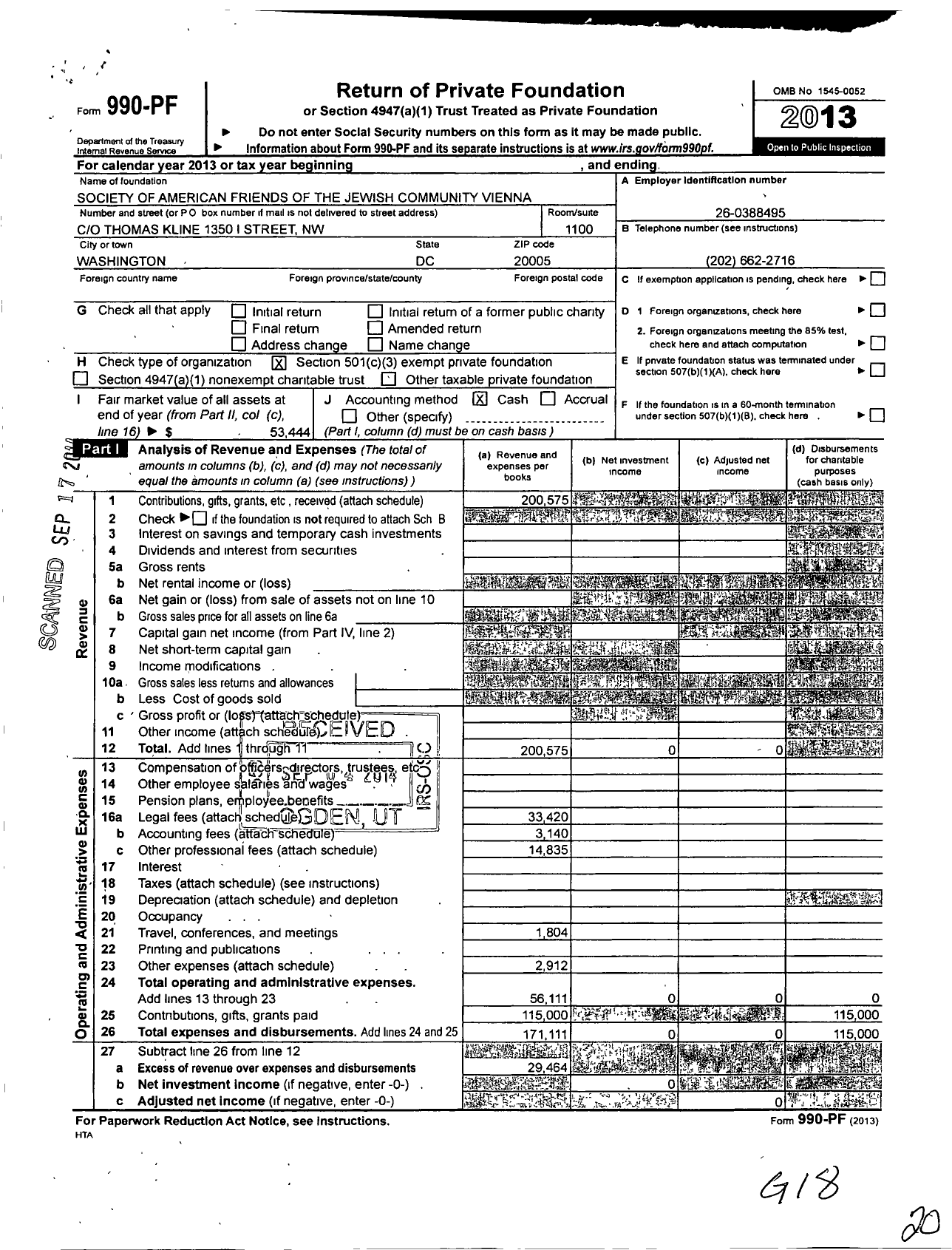 Image of first page of 2013 Form 990PF for Society of American Friends of the Jewish Community Vienna