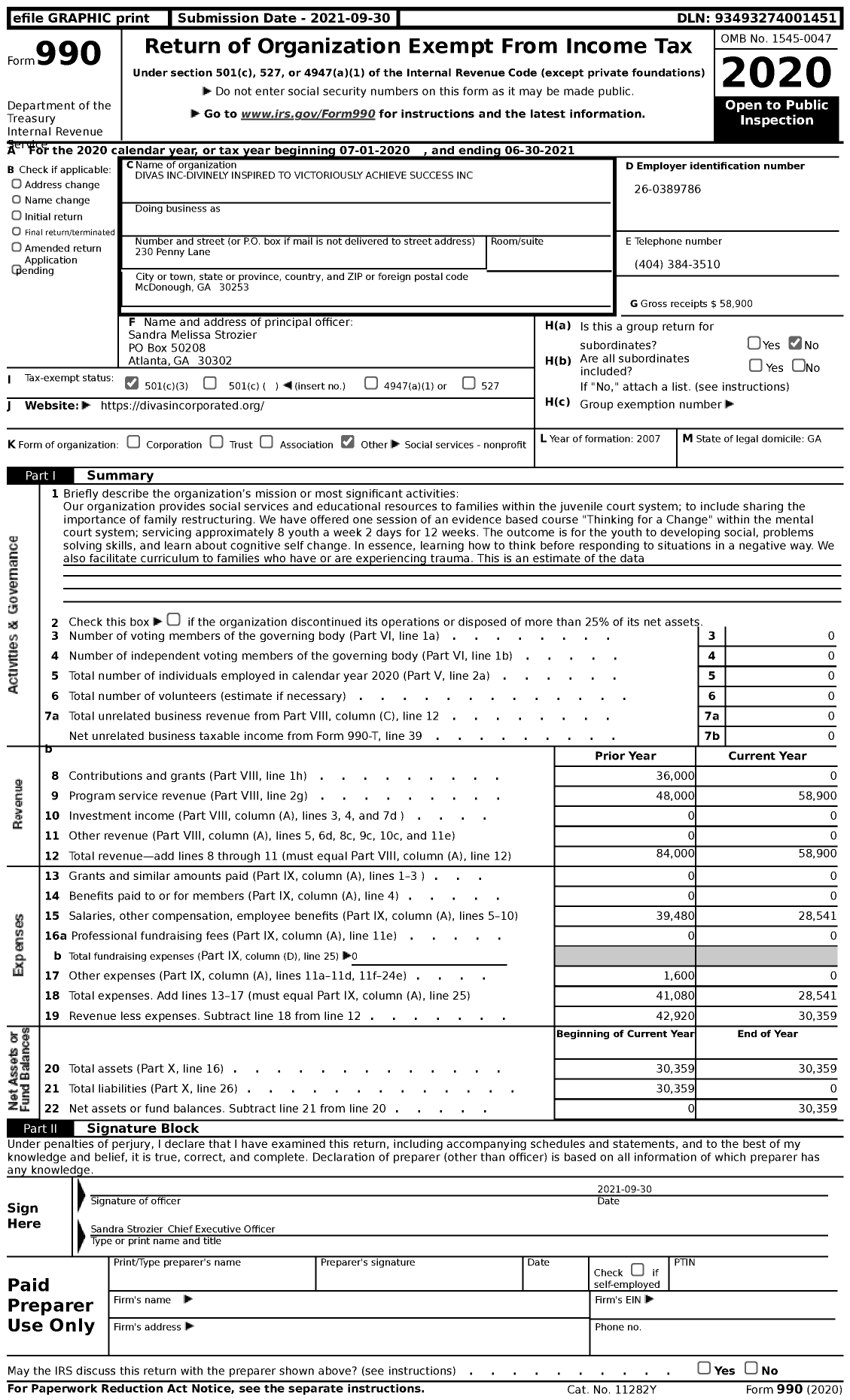 Image of first page of 2020 Form 990 for Divas Inc-Divinely Inspired To Victoriously Achieve Success