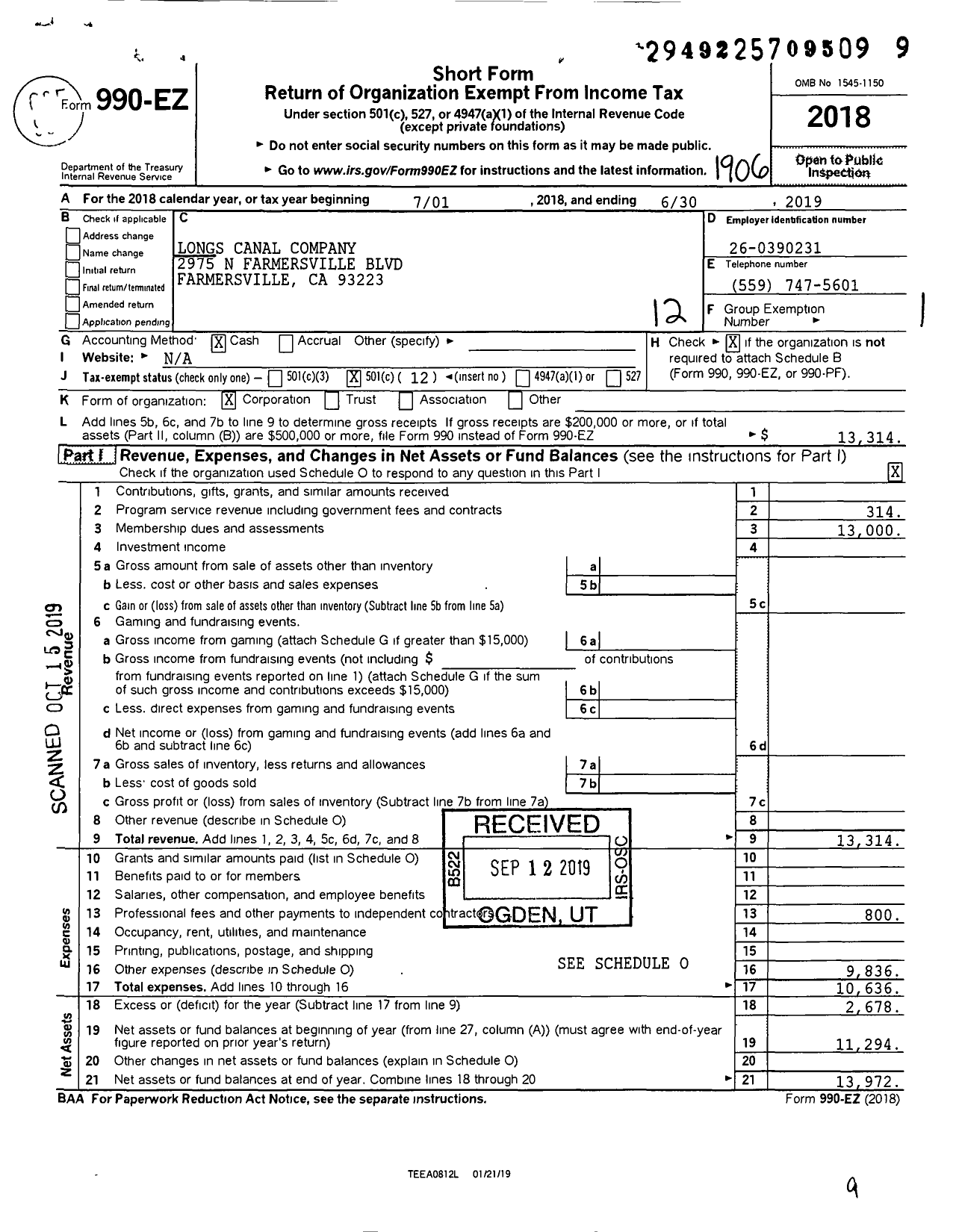 Image of first page of 2018 Form 990EO for Longs Canal Company