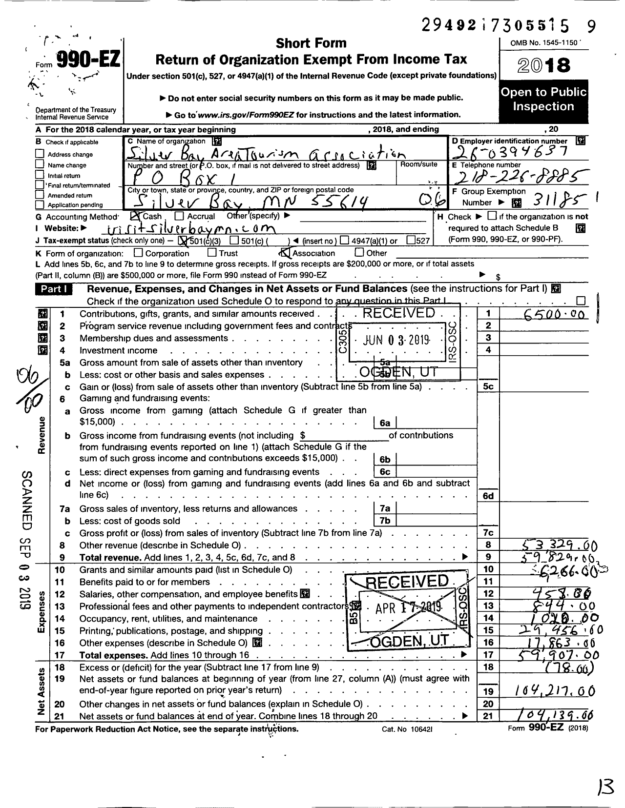 Image of first page of 2018 Form 990EO for Silver Bay Area Tourism Association