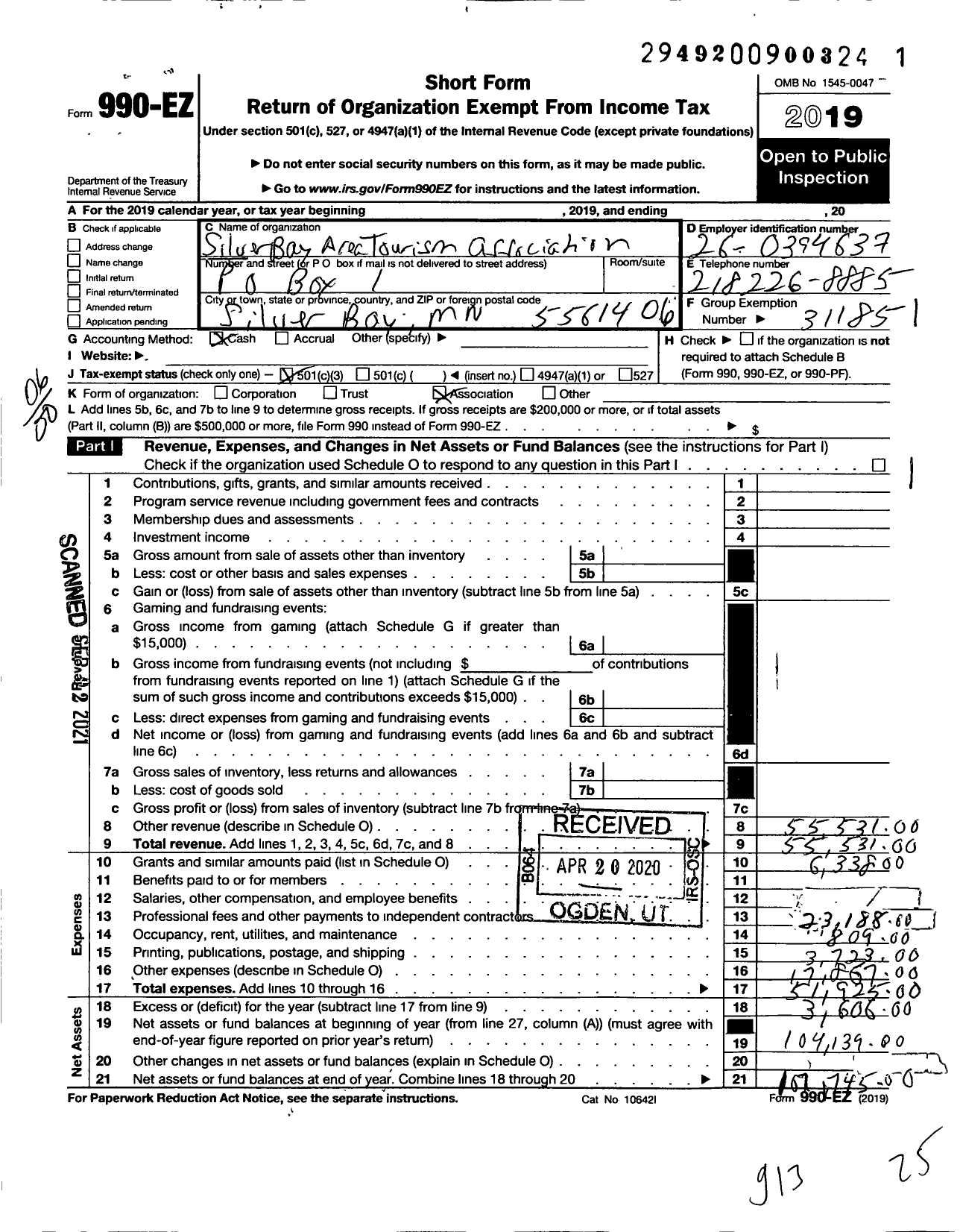 Image of first page of 2019 Form 990EO for Silver Bay Area Tourism Association