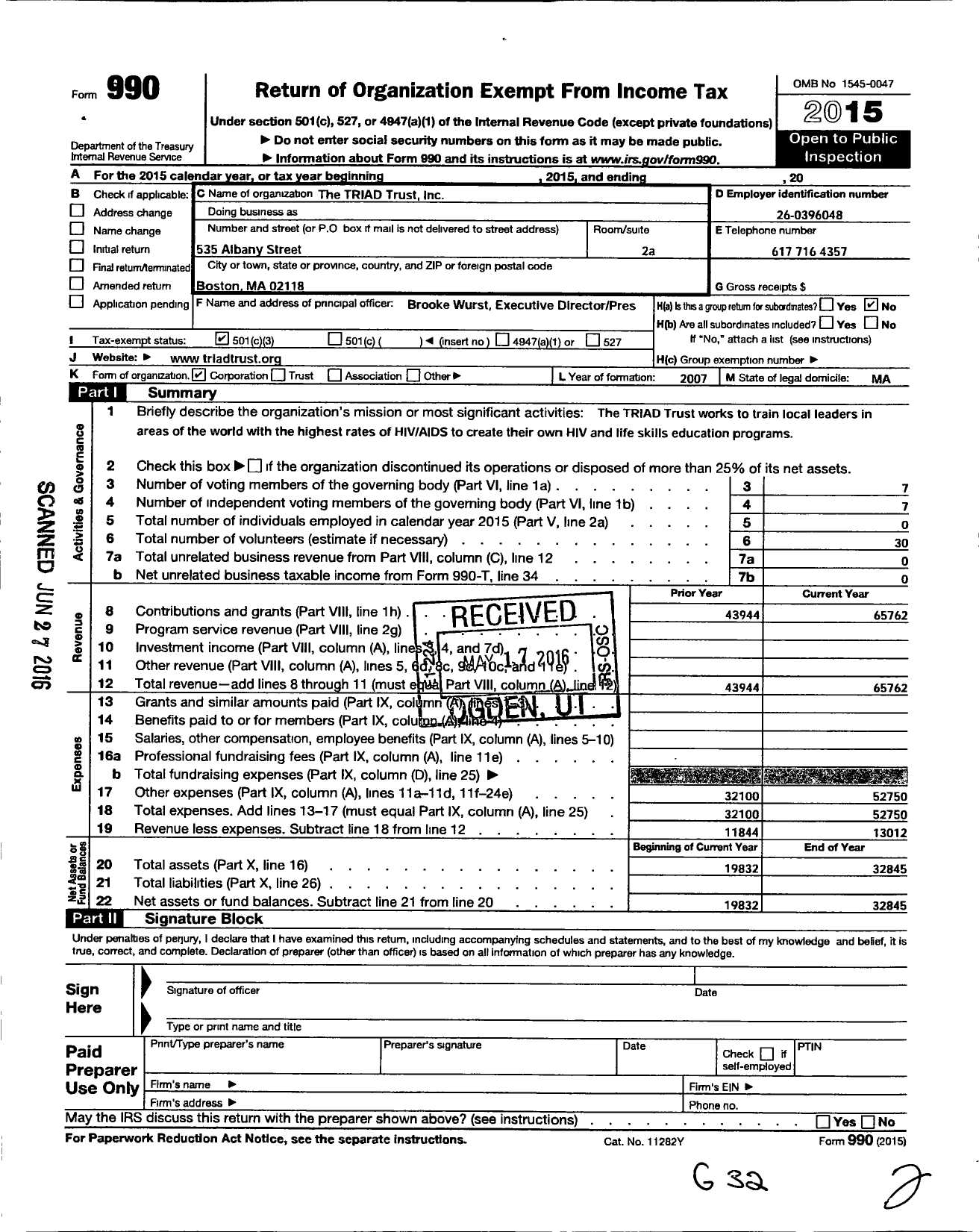 Image of first page of 2015 Form 990 for Triad Trust