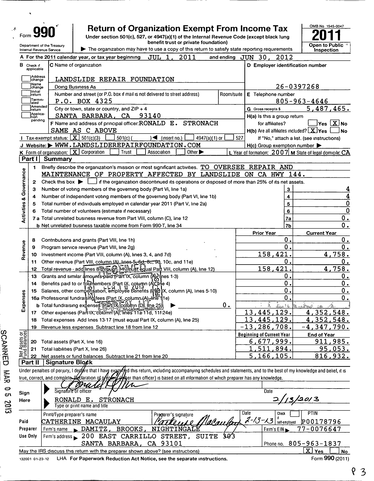 Image of first page of 2011 Form 990 for Landslide Repair Foundation