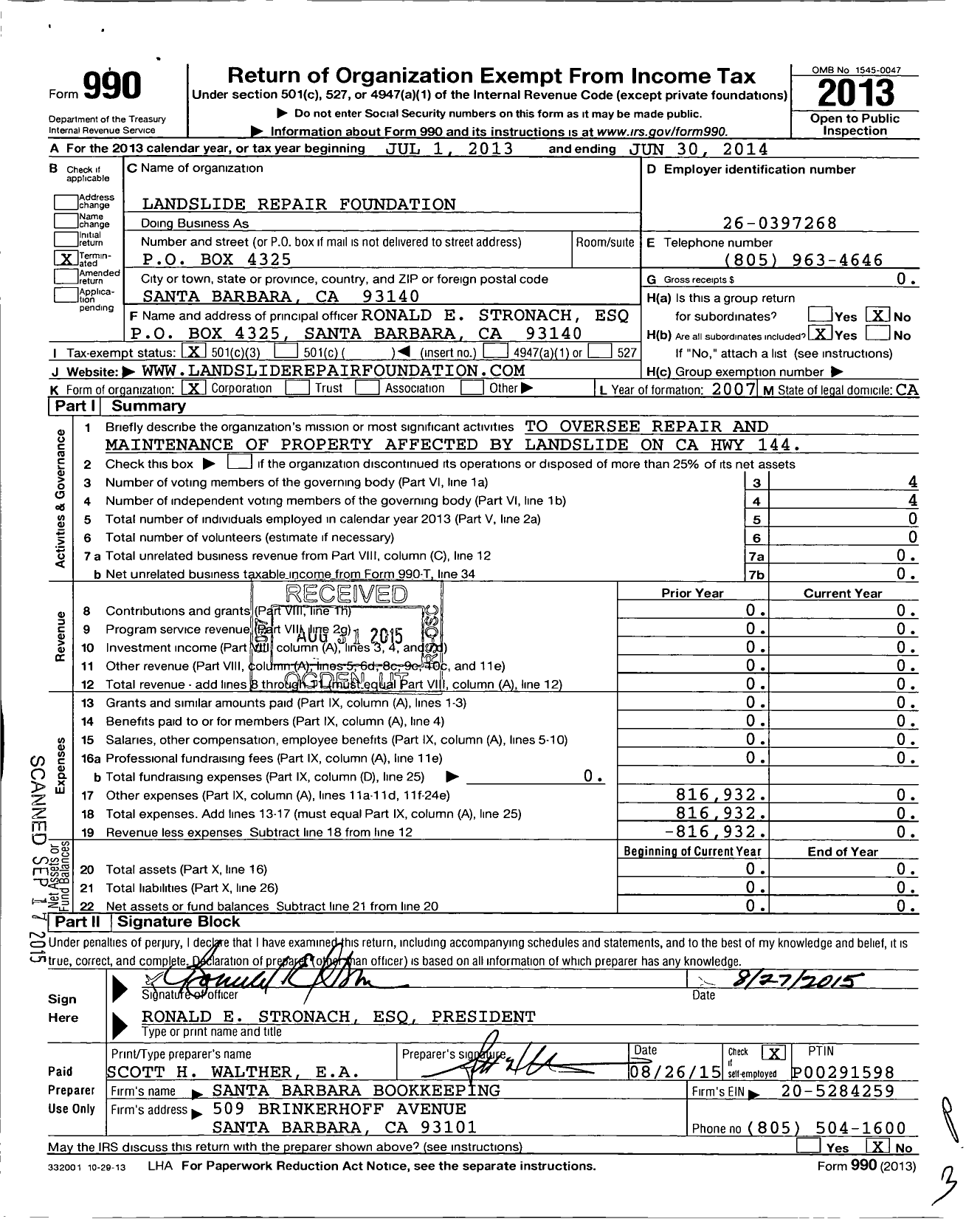 Image of first page of 2013 Form 990 for Landslide Repair Foundation