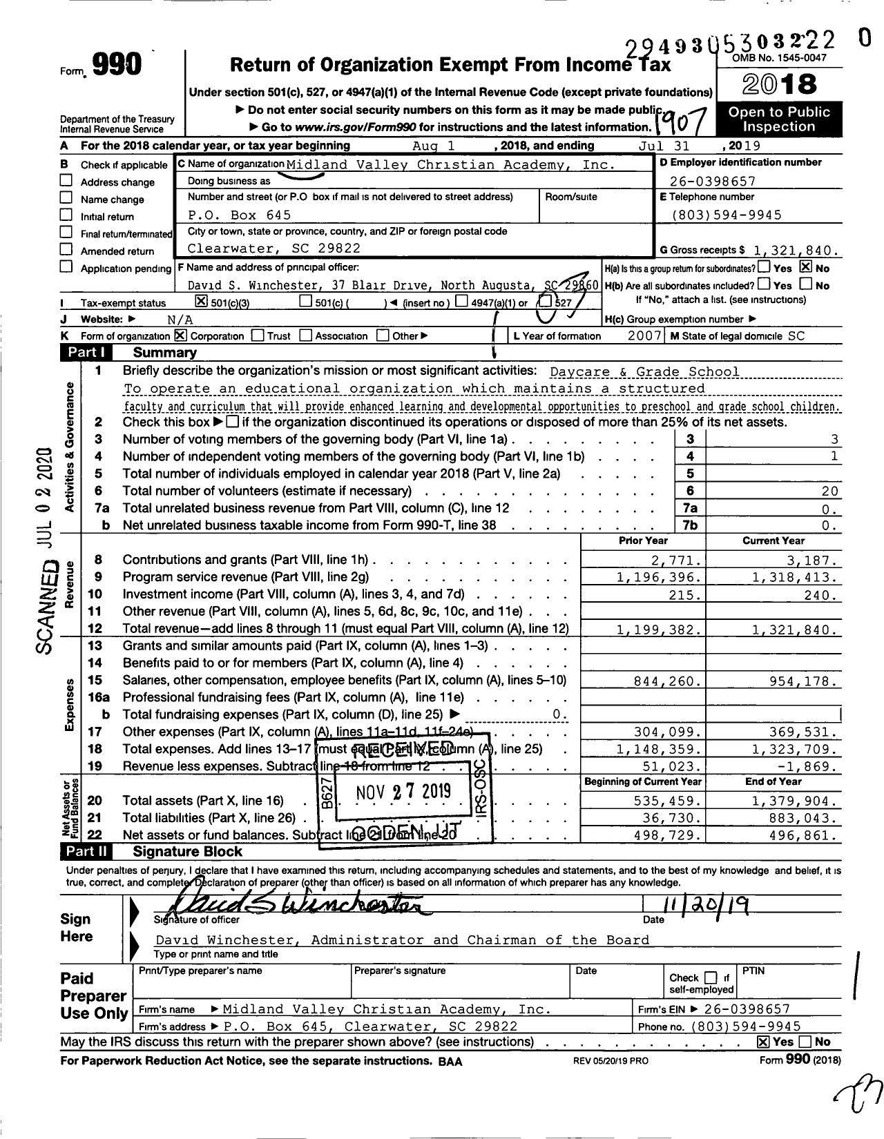 Image of first page of 2018 Form 990 for Midland Valley Christian Academy