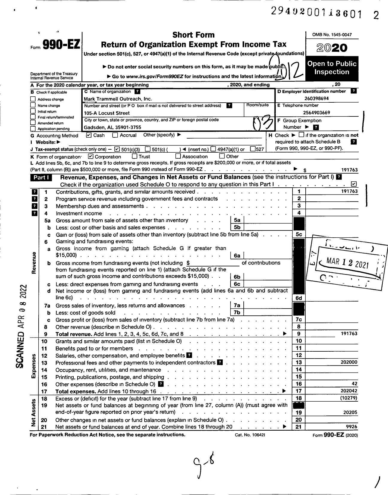 Image of first page of 2020 Form 990EZ for Mark Trammell Outreach