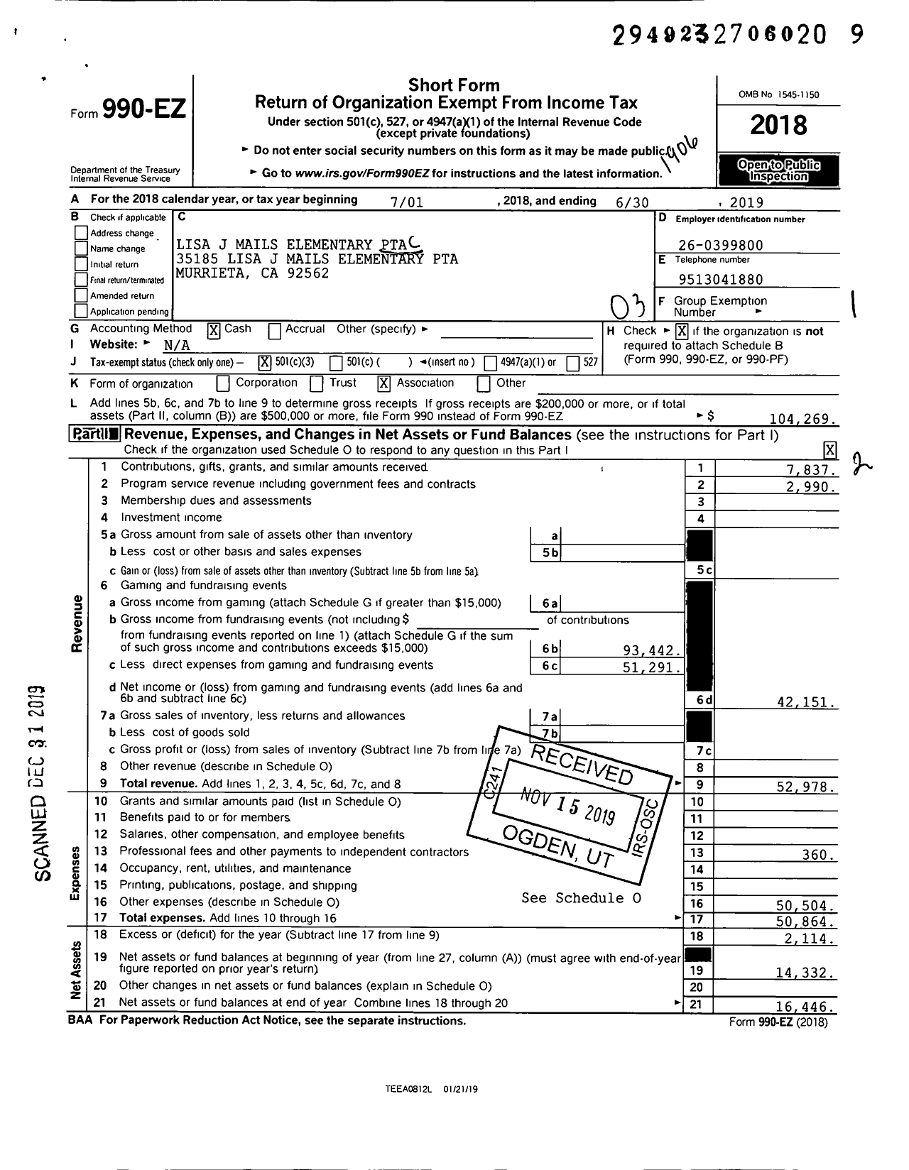 Image of first page of 2018 Form 990EZ for California State PTA - 6090 Lisa J Mails Elementary PTA