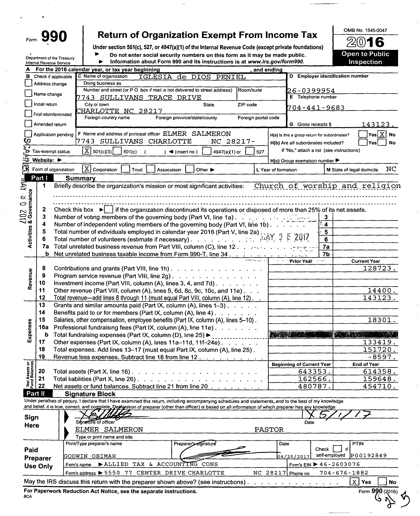 Image of first page of 2016 Form 990 for Iglesia de Dios Peniel