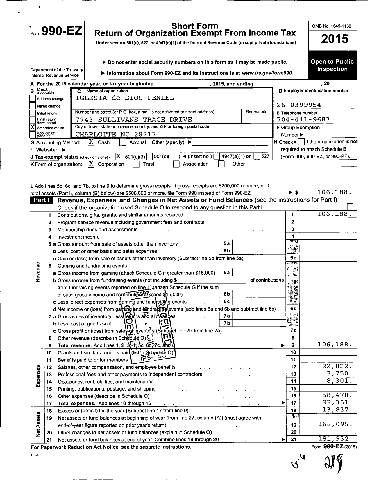 Image of first page of 2015 Form 990EZ for Iglesia de Dios Peniel