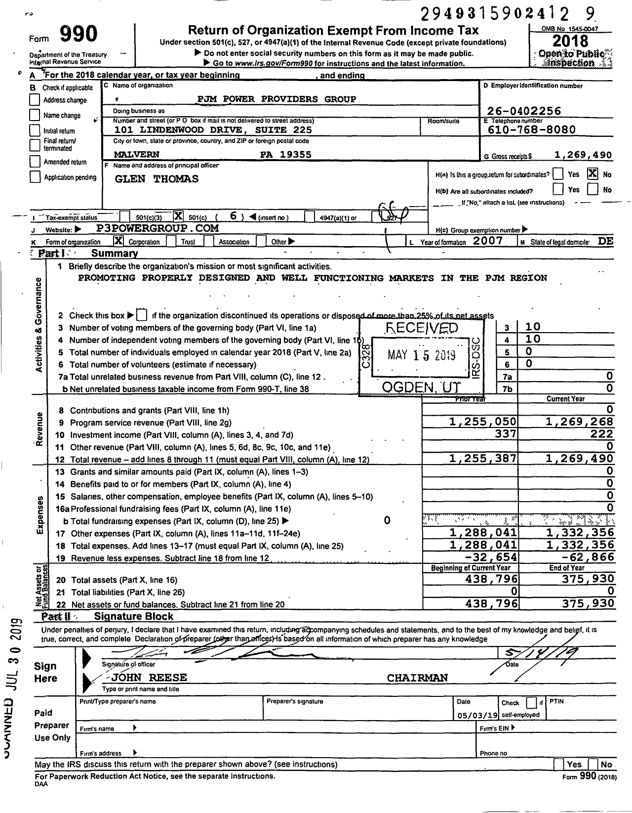 Image of first page of 2018 Form 990O for PJM Power Providers Group
