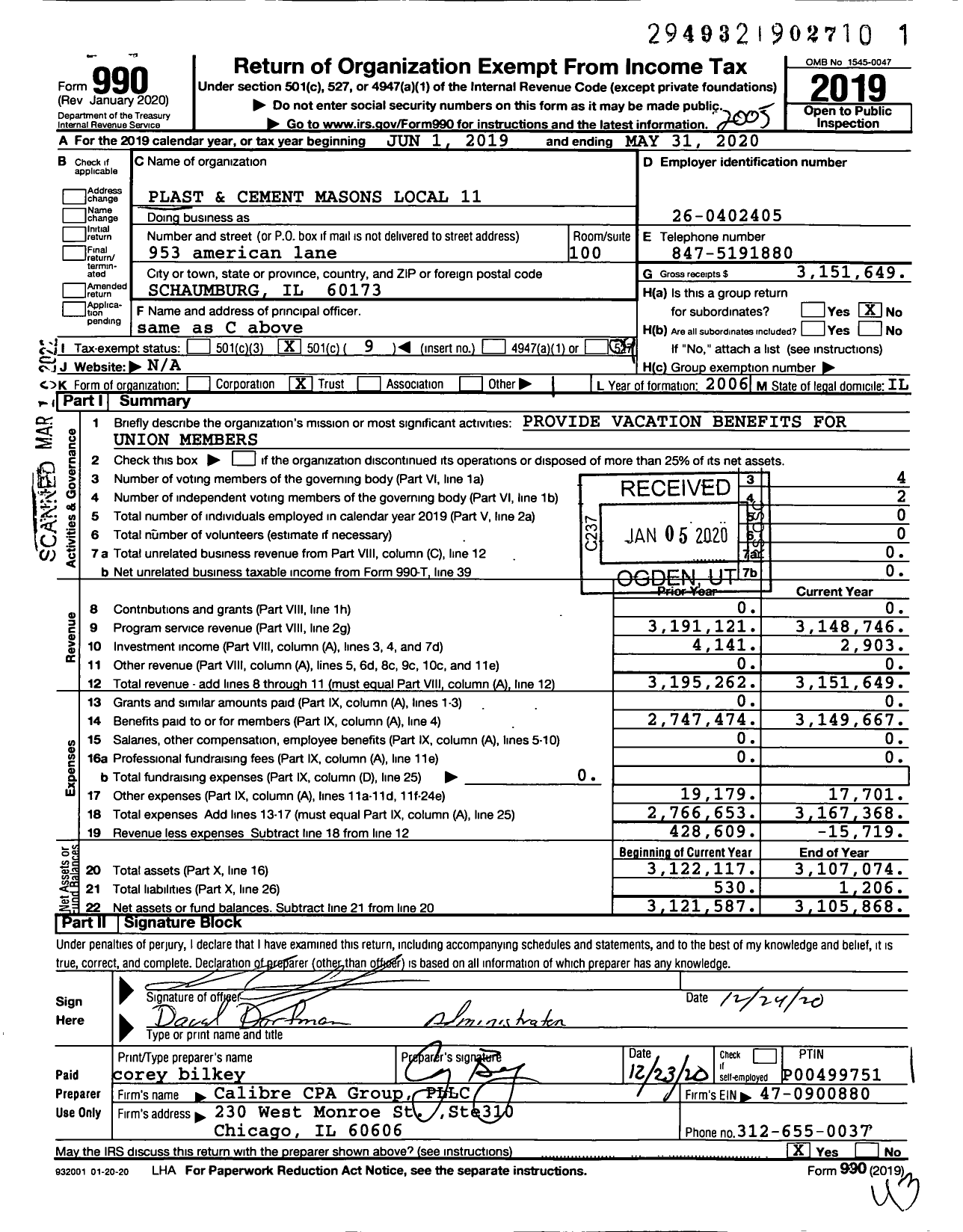 Image of first page of 2019 Form 990O for Plast and Cement Masons Local 11