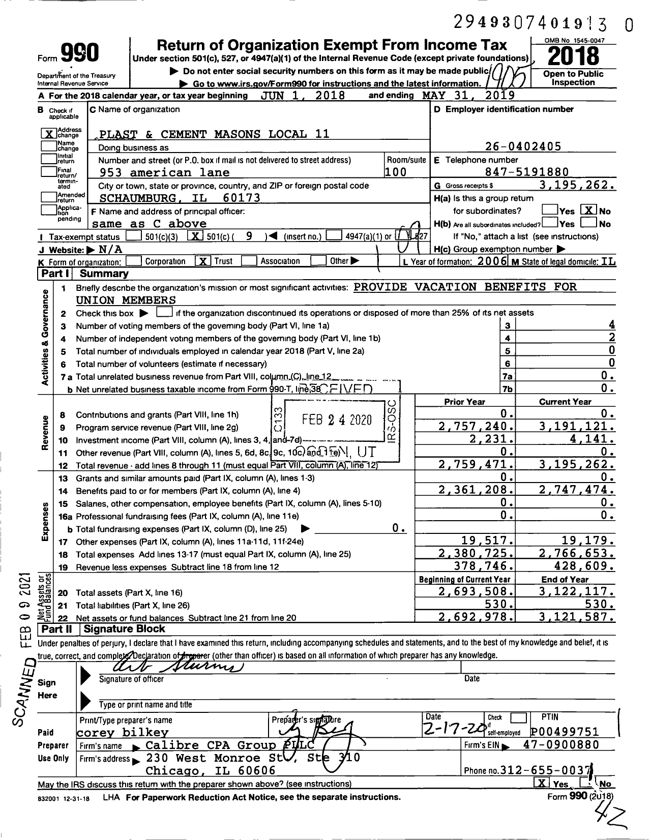 Image of first page of 2018 Form 990O for Plast and Cement Masons Local 11