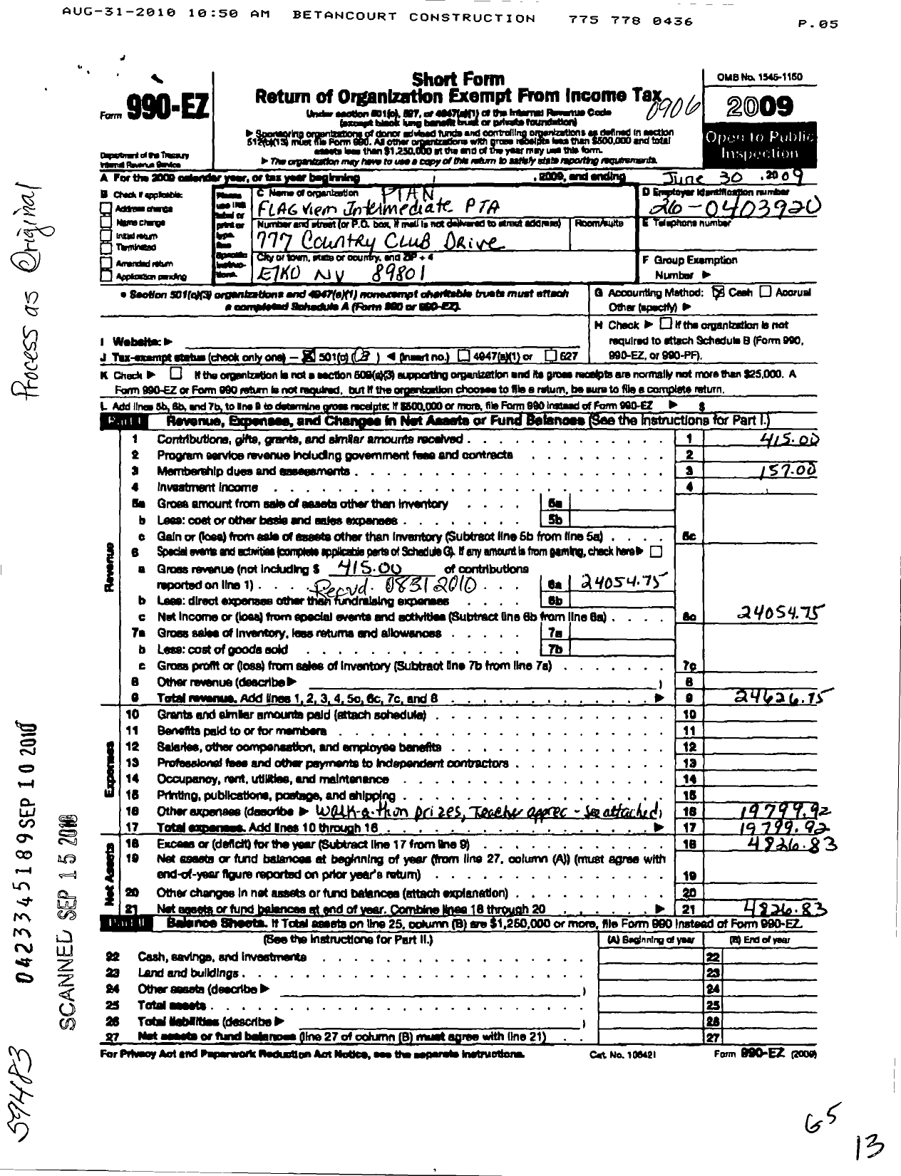 Image of first page of 2008 Form 990EZ for Flagview Intermediate PTA