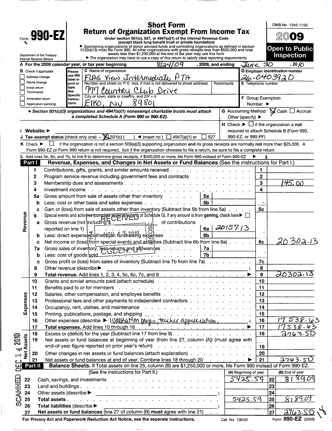 Image of first page of 2009 Form 990EO for Flagview Intermediate PTA