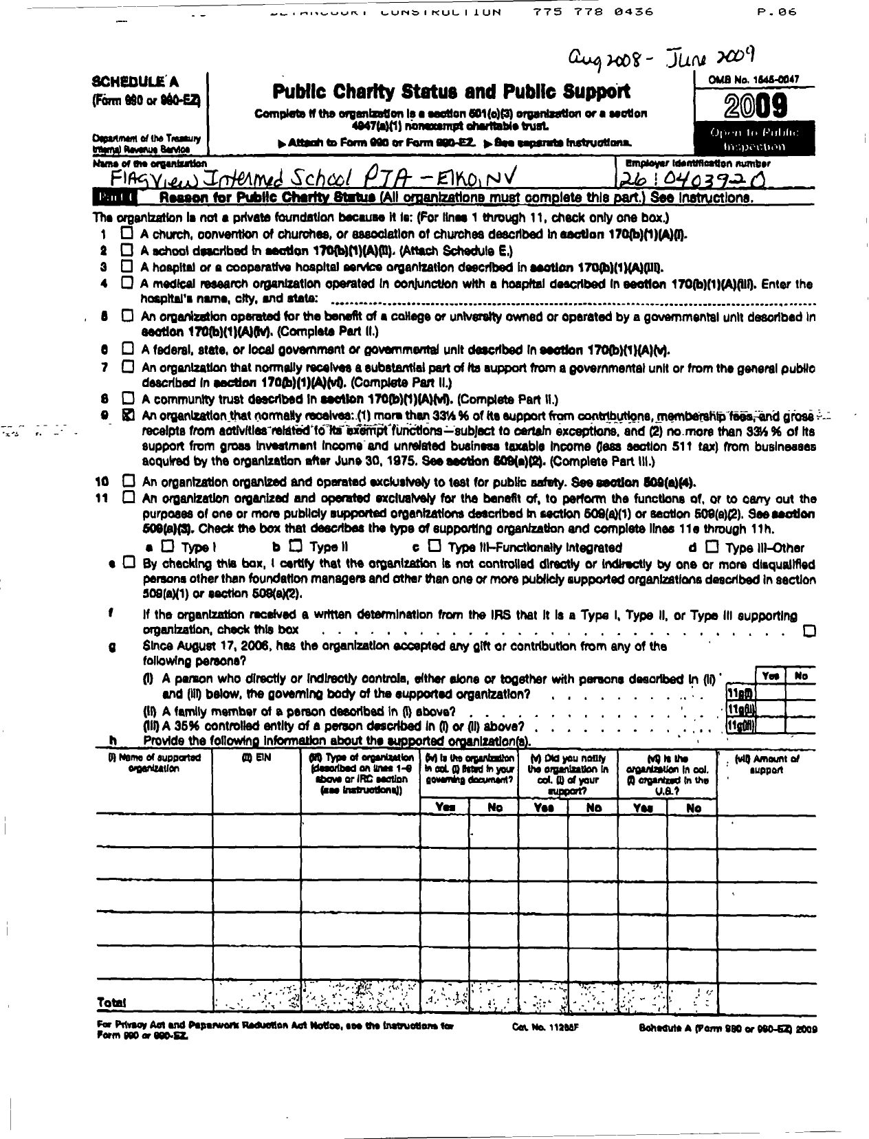 Image of first page of 2008 Form 990ER for Flagview Intermediate PTA